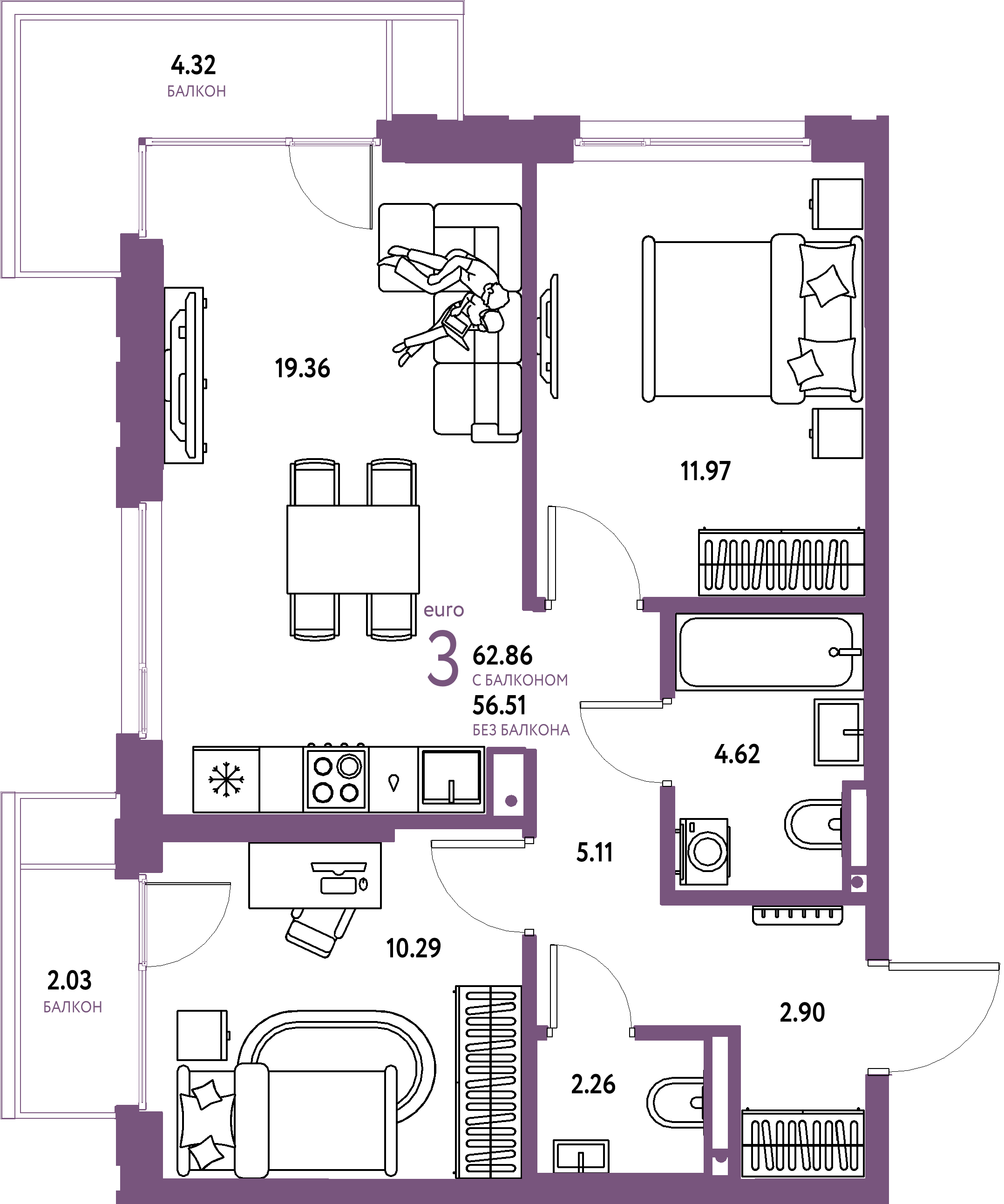 ЖК "Страна.Прибрежная"-3-комнатная 62.86 м²