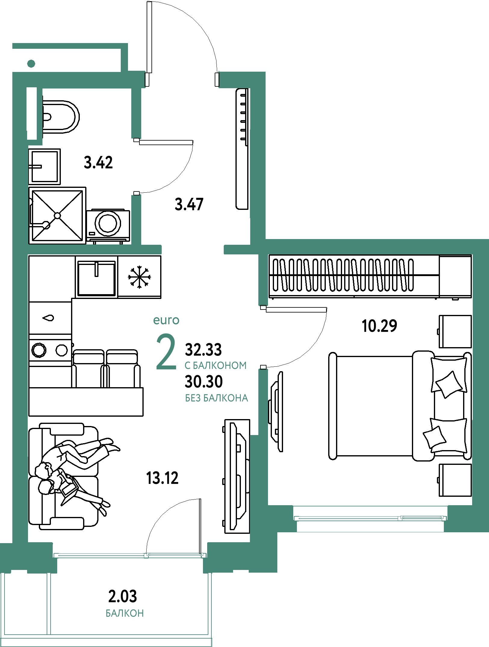 ЖК "Страна.Прибрежная"-2-комнатная 32.33 м²