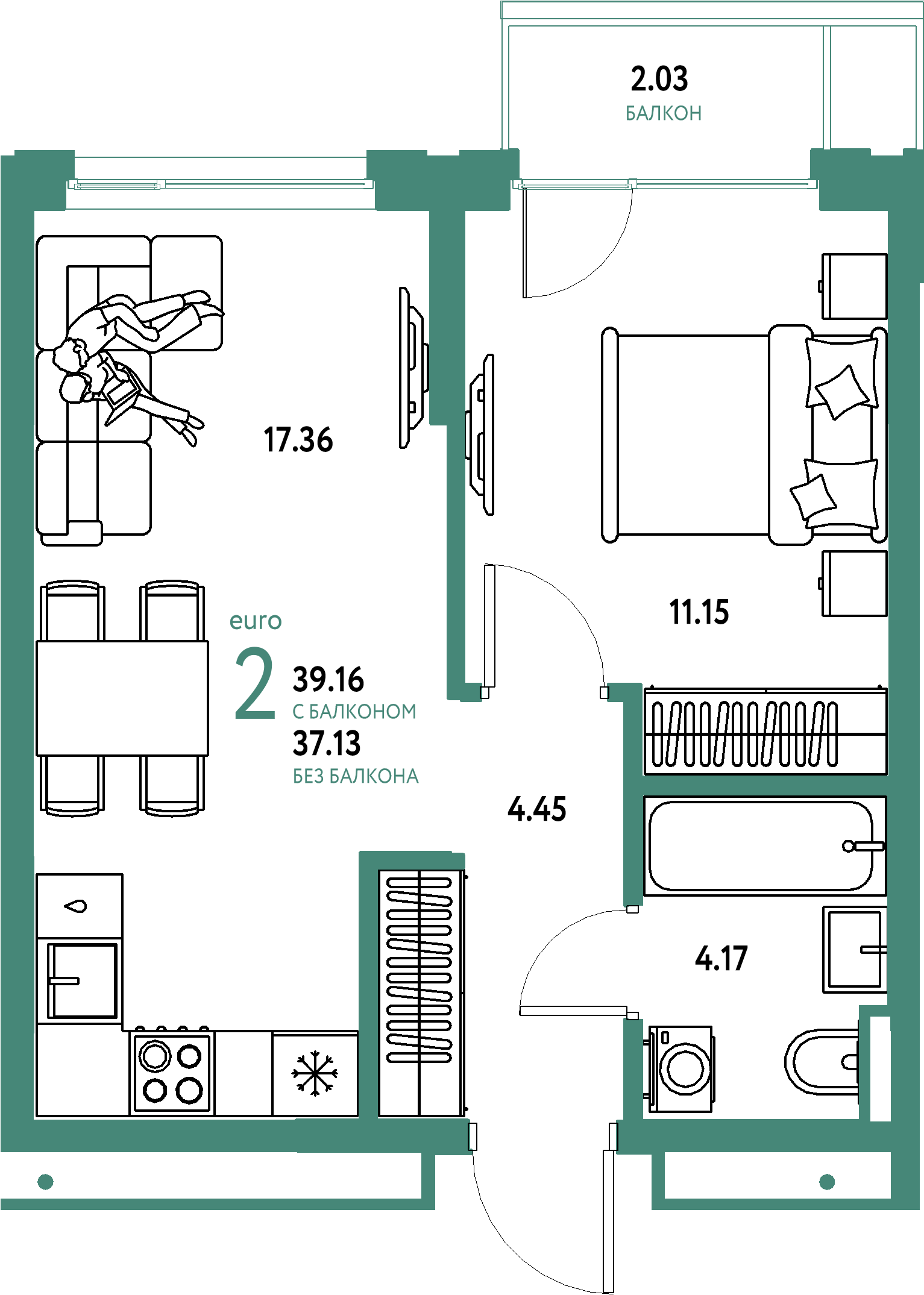 ЖК "Страна.Прибрежная"-2-комнатная 39.16 м²