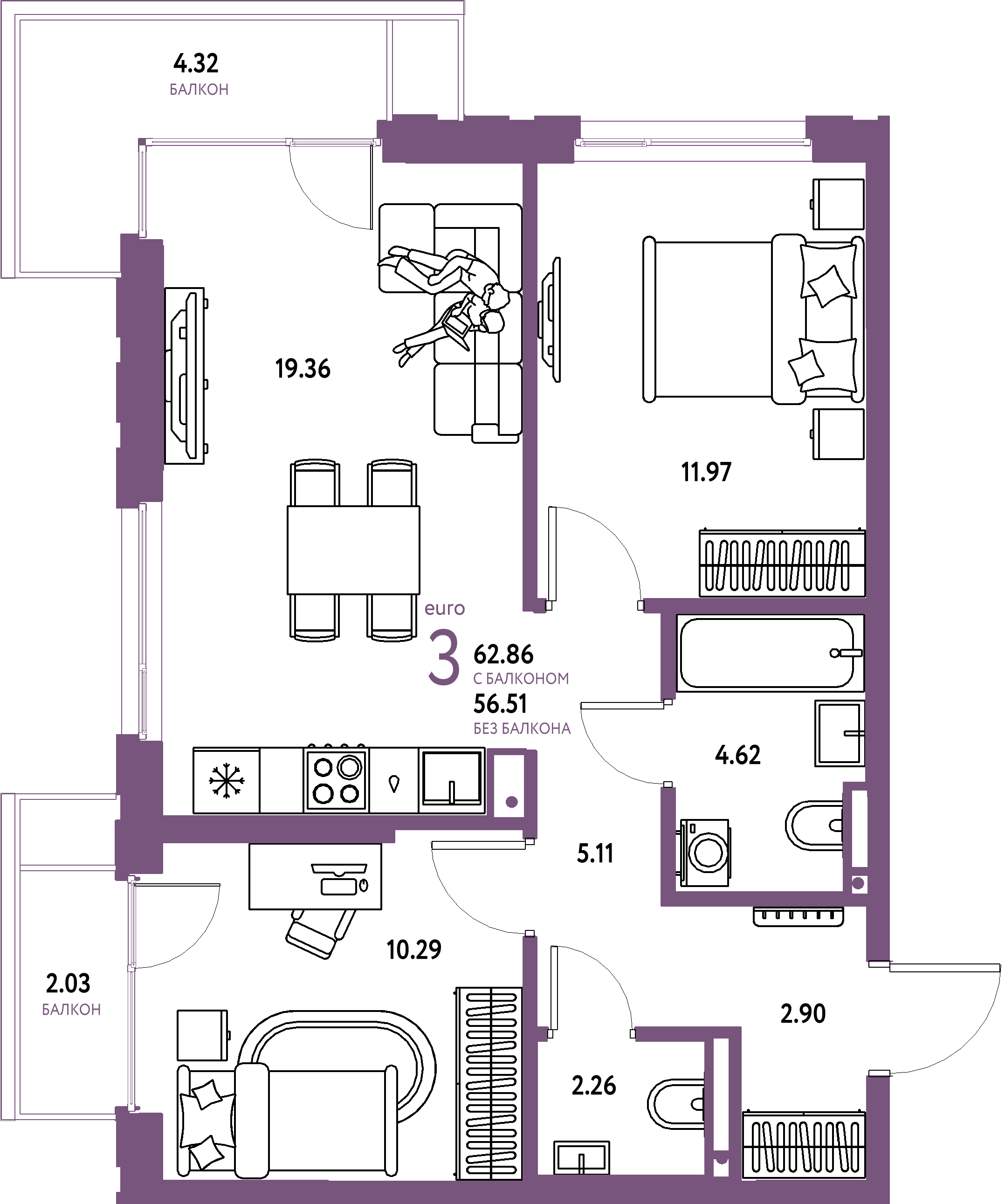 ЖК "Страна.Прибрежная"-3-комнатная 62.86 м²