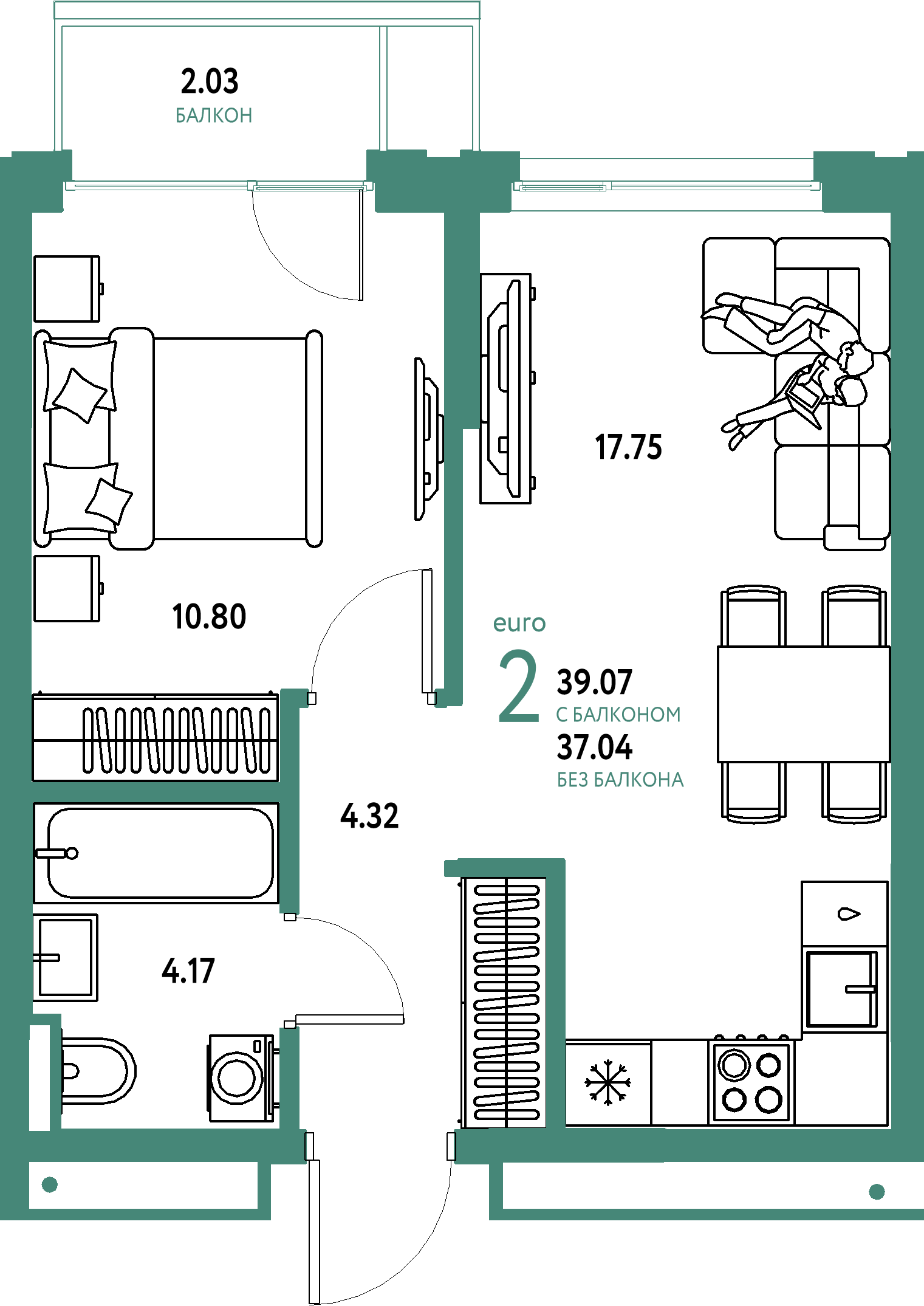 ЖК "Страна.Прибрежная"-2-комнатная 39.07 м²