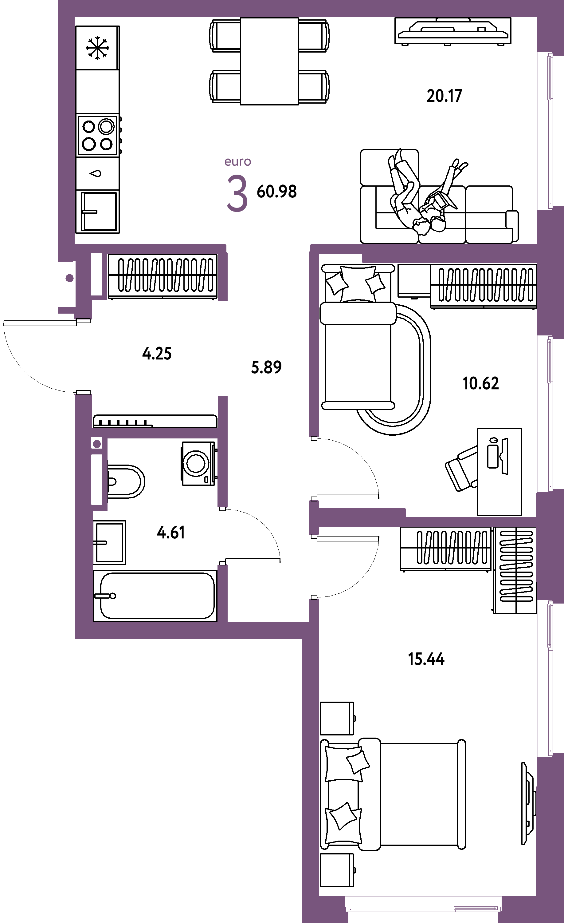 ЖК "Страна.Прибрежная"-3-комнатная 60.98 м²
