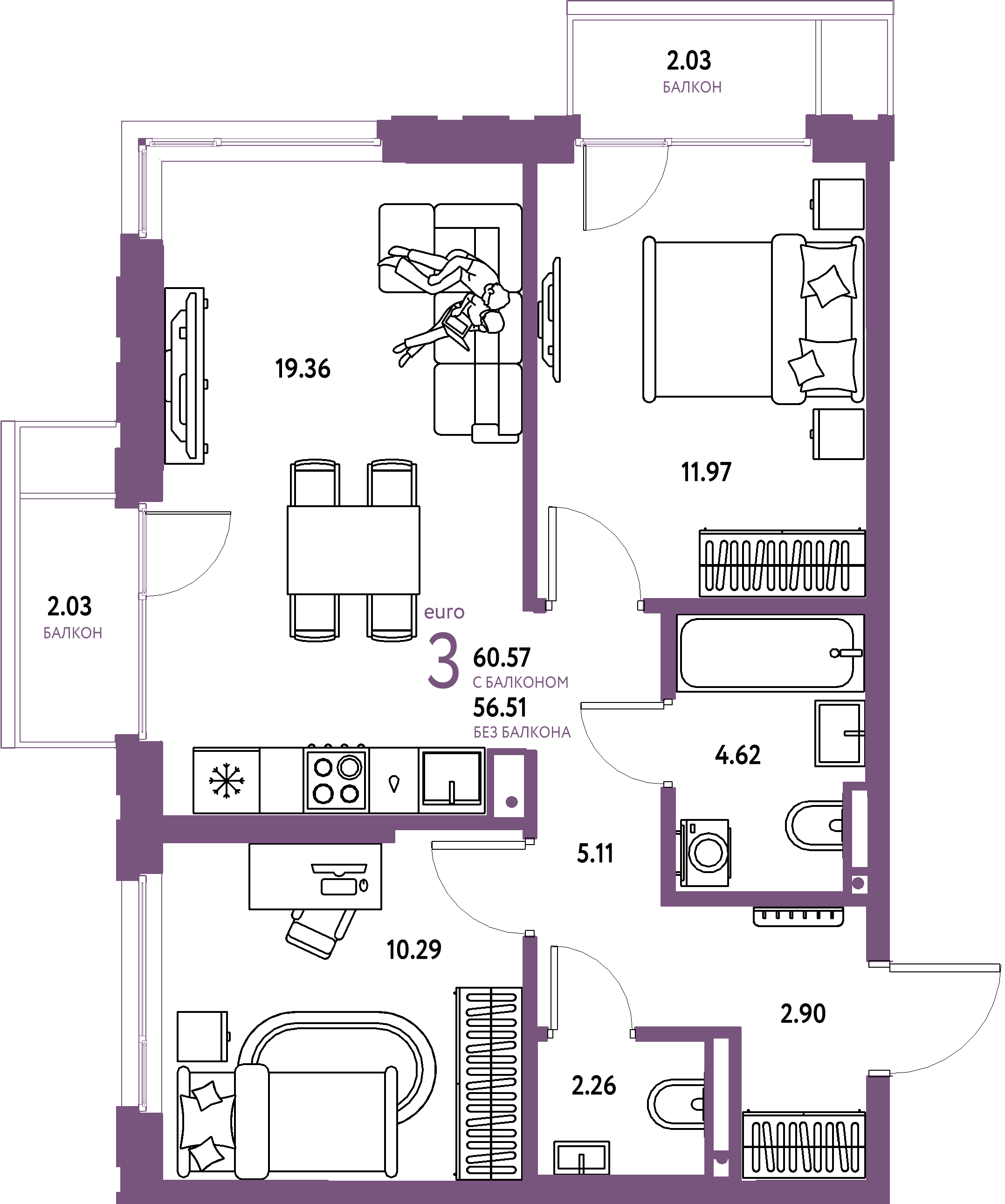 ЖК "Страна.Прибрежная"-3-комнатная 60.57 м²