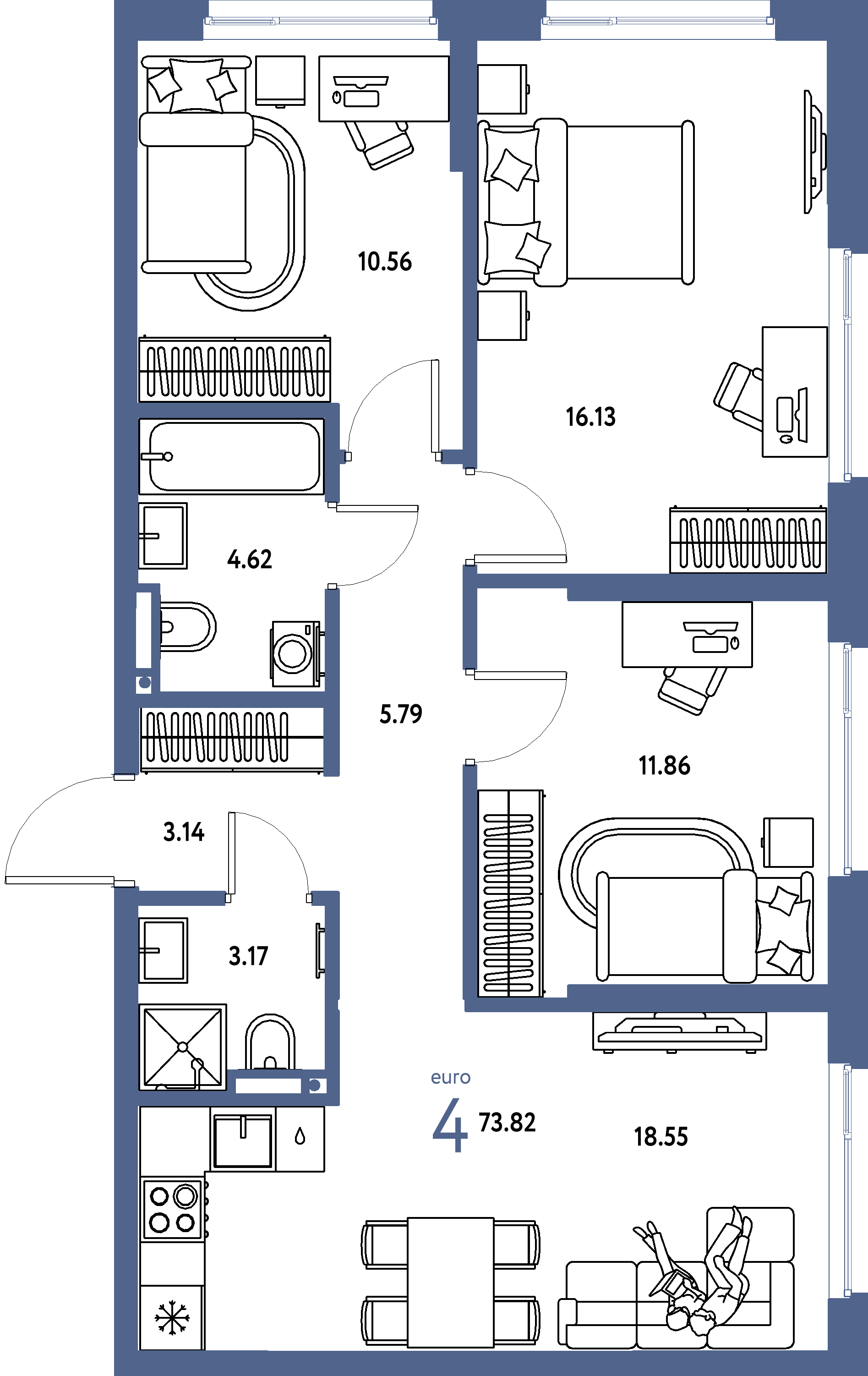 ЖК "Страна.Прибрежная"-4-комнатная 73.82 м²