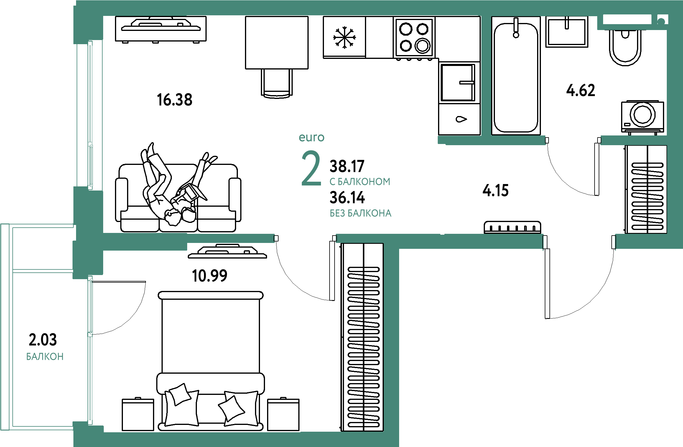 ЖК "Страна.Прибрежная"-2-комнатная 38.17 м²