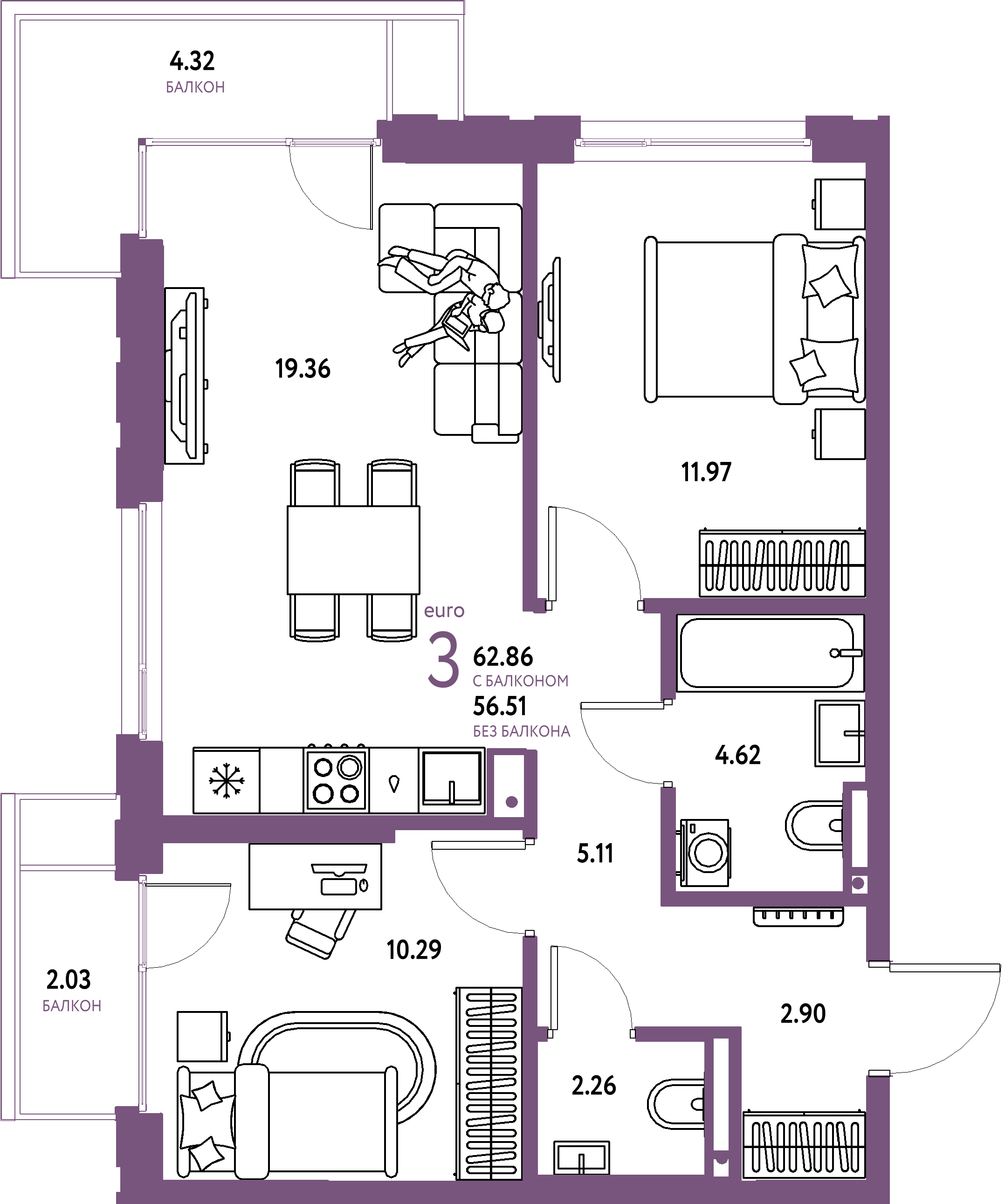 ЖК "Страна.Прибрежная"-3-комнатная 62.86 м²