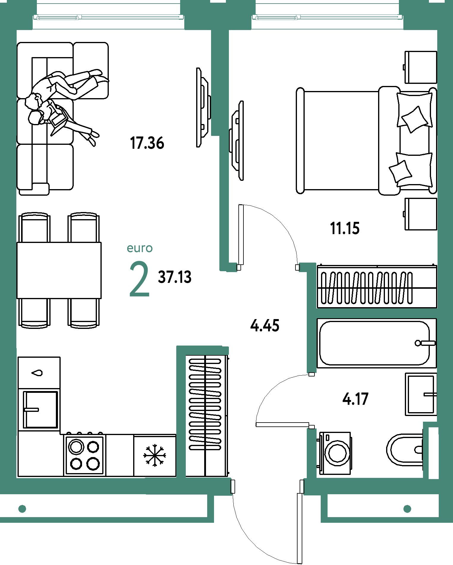 ЖК "Страна.Прибрежная"-2-комнатная 37.13 м²