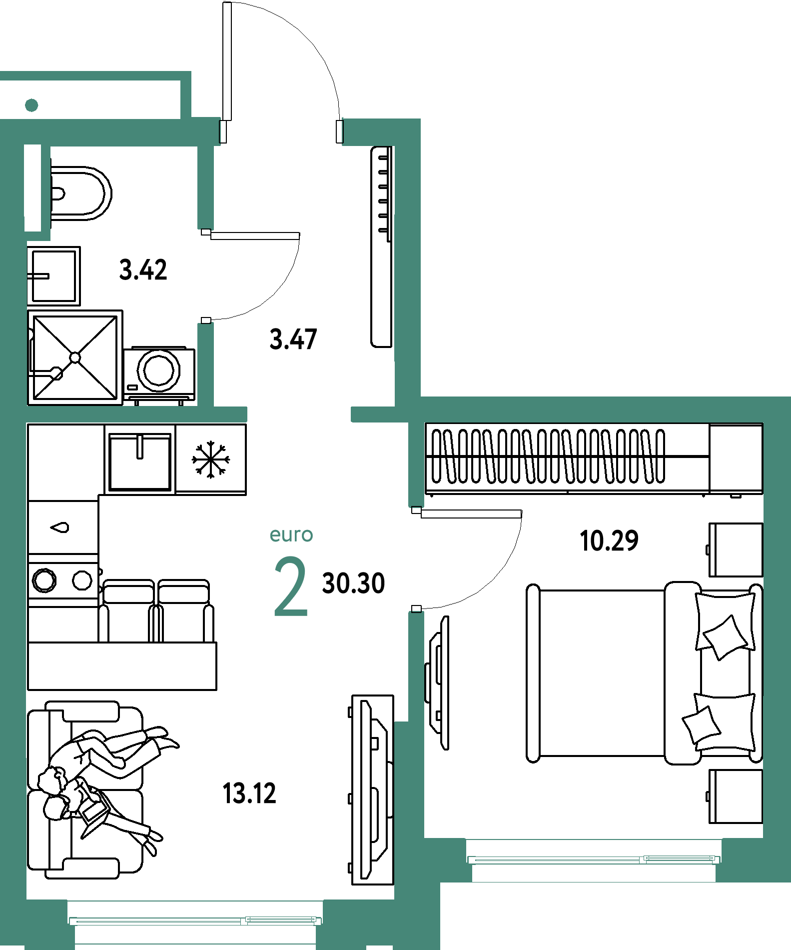 ЖК "Страна.Прибрежная"-2-комнатная 30.3 м²