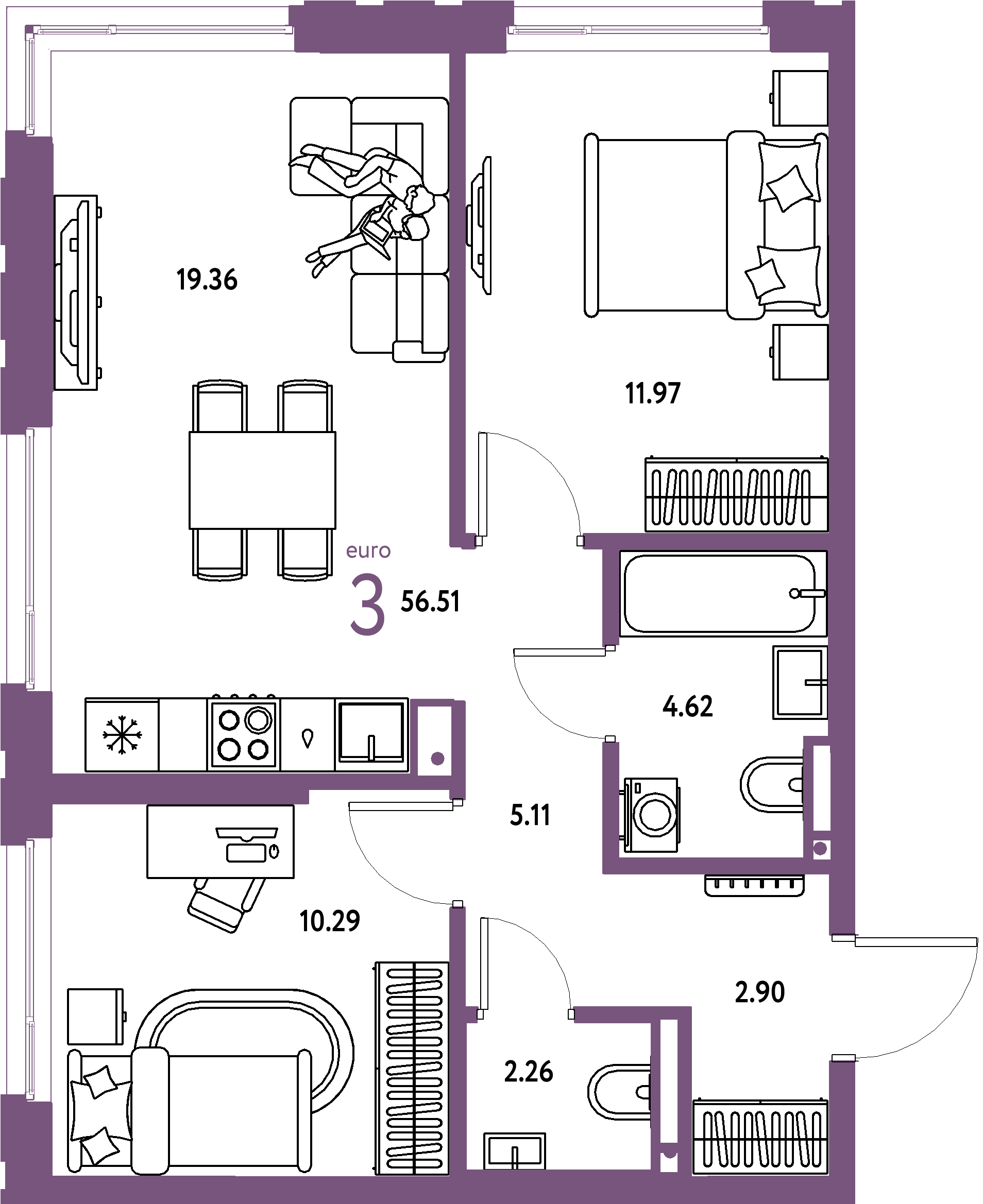 ЖК "Страна.Прибрежная"-3-комнатная 56.51 м²