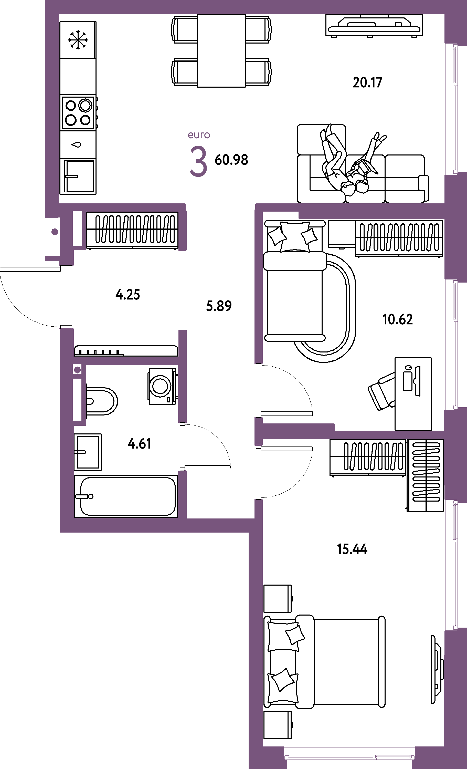 ЖК "Страна.Прибрежная"-3-комнатная 60.98 м²
