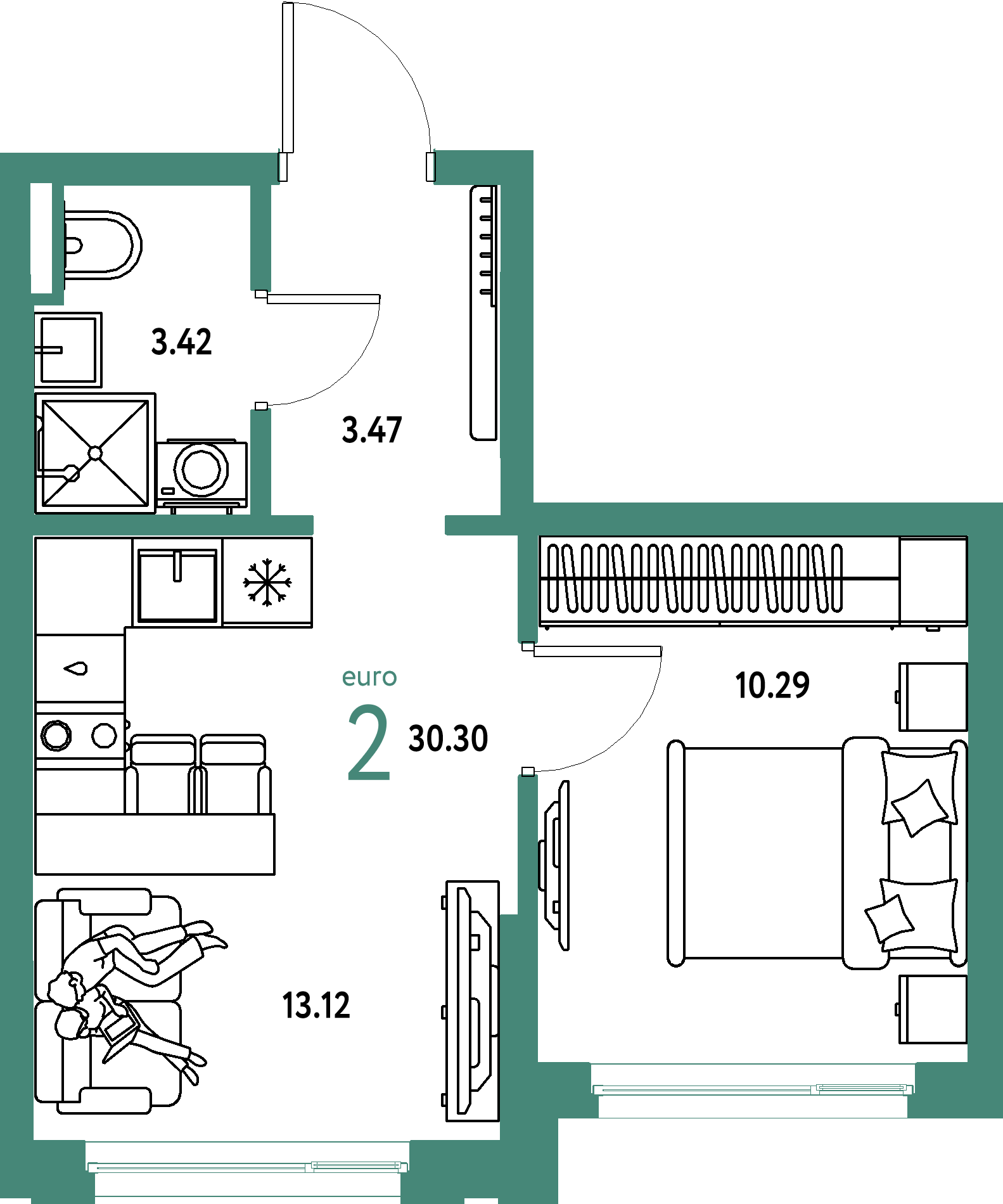 ЖК "Страна.Прибрежная"-2-комнатная 30.3 м²