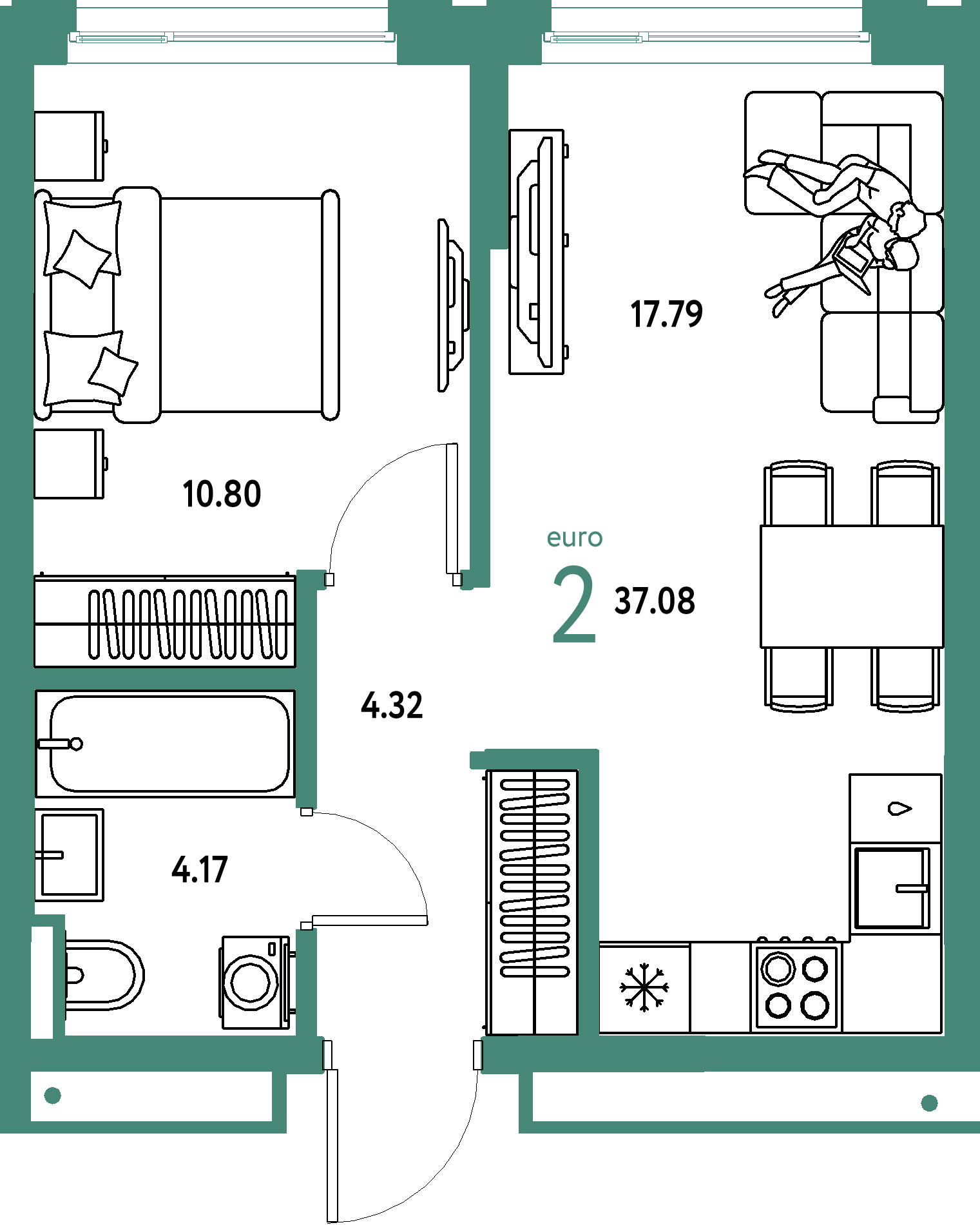 ЖК "Страна.Прибрежная"-2-комнатная 37.08 м²