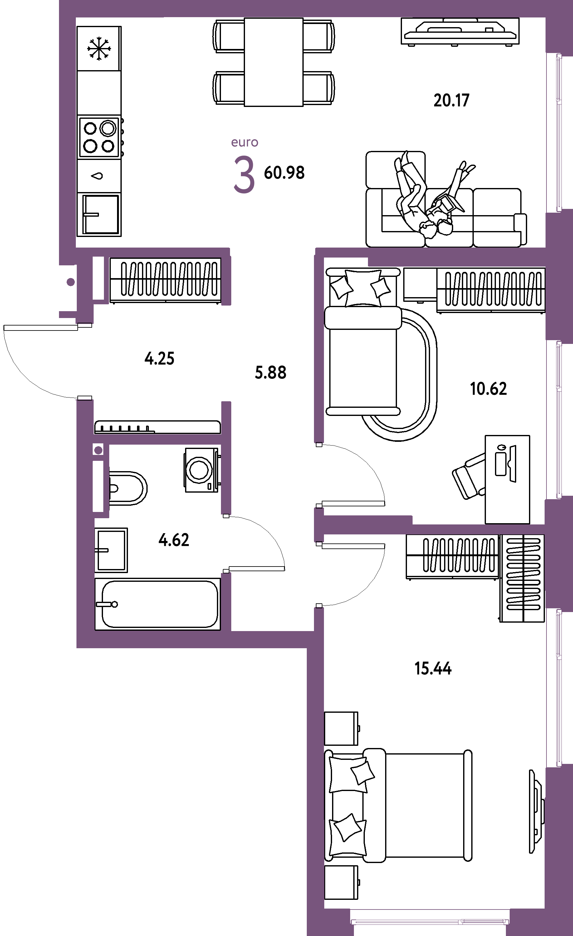 ЖК "Страна.Прибрежная"-3-комнатная 60.98 м²