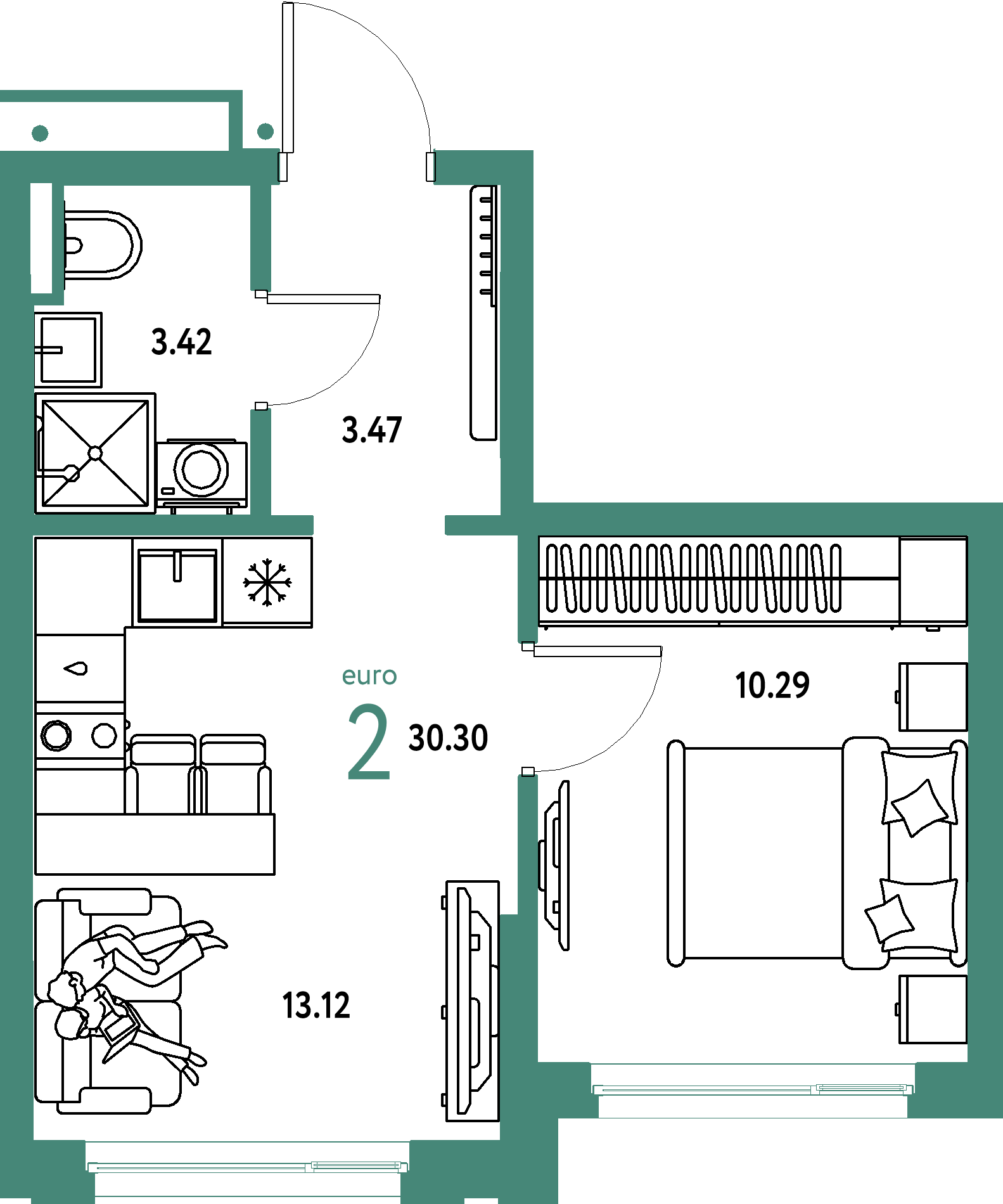 ЖК "Страна.Прибрежная"-2-комнатная 30.3 м²