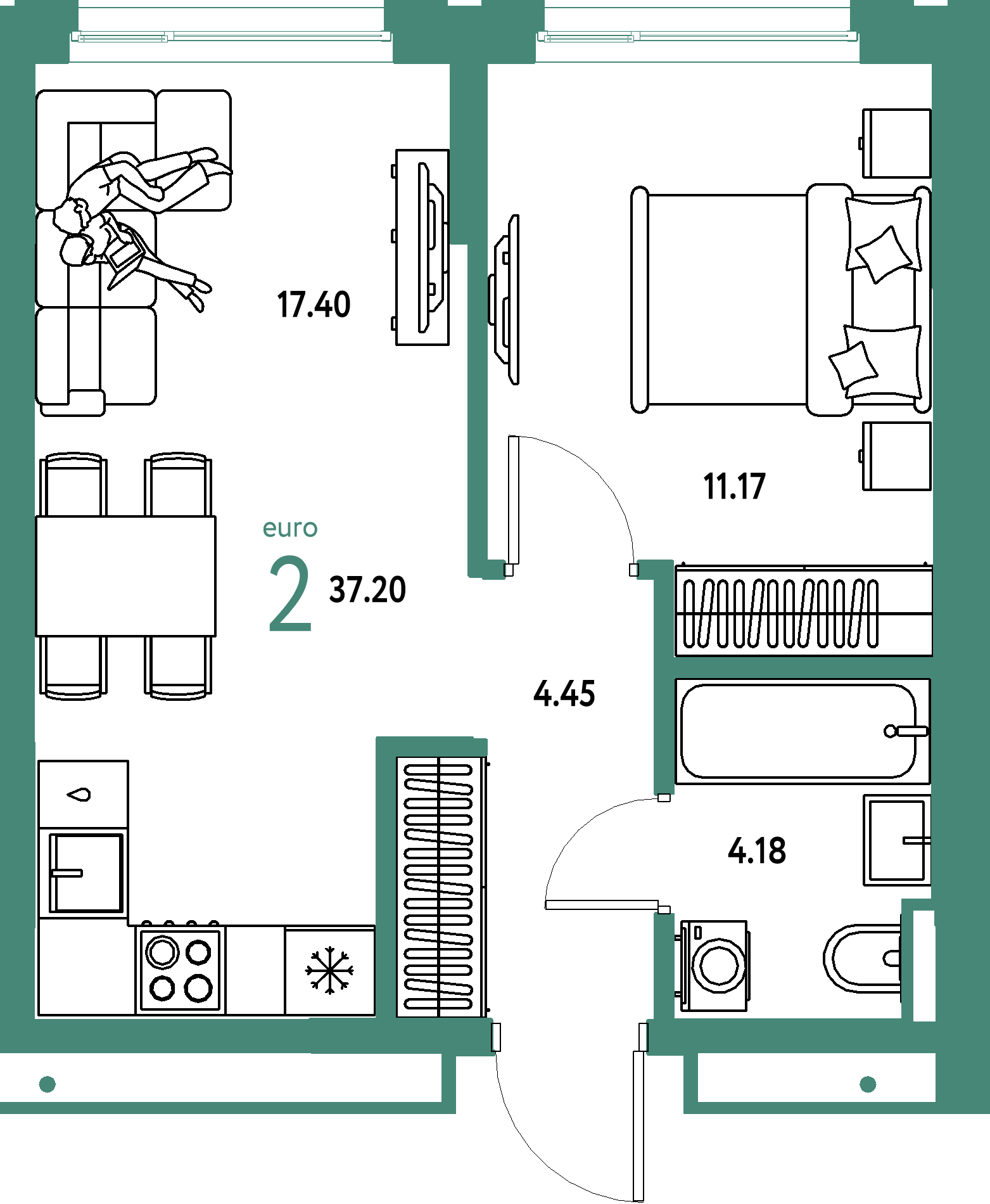 ЖК "Страна.Прибрежная"-2-комнатная 37.2 м²