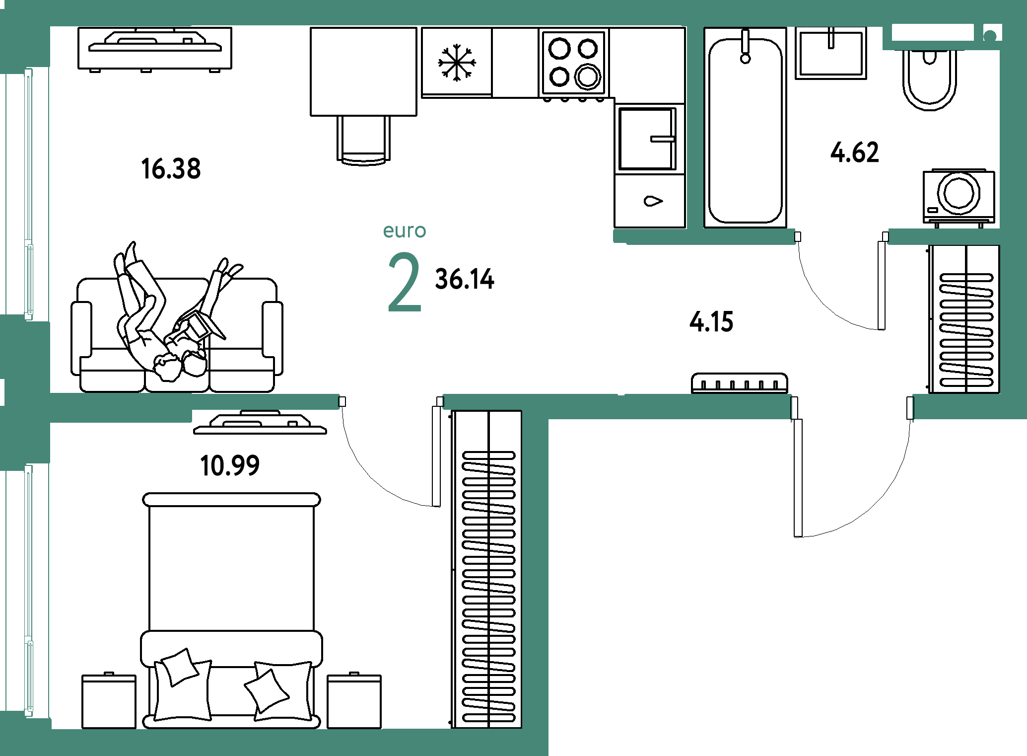 ЖК "Страна.Прибрежная"-2-комнатная 36.14 м²