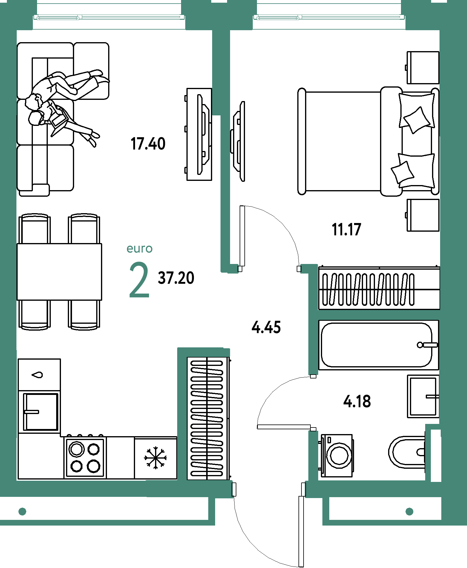 ЖК "Страна.Прибрежная"-2-комнатная 37.2 м²