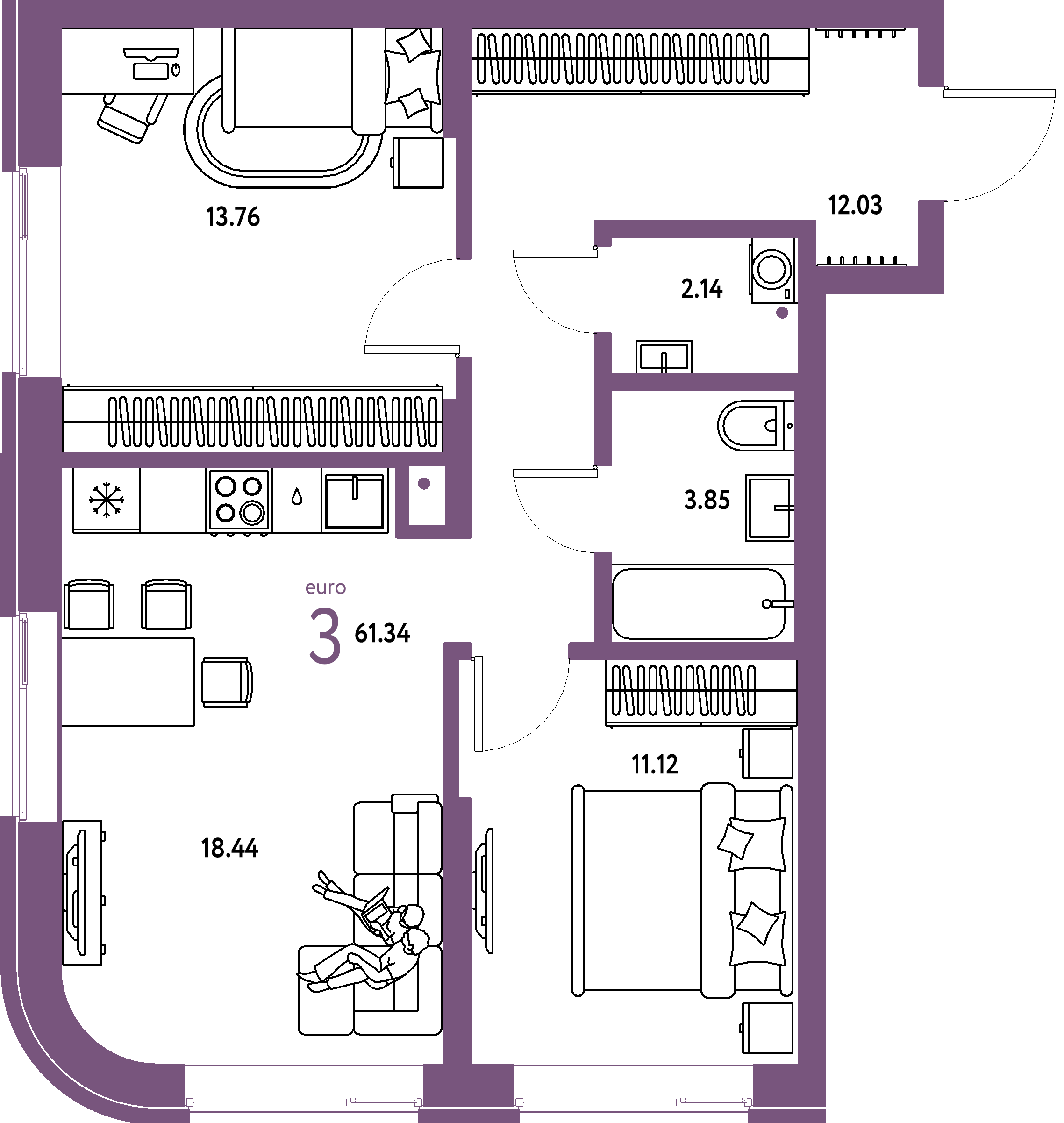 Купить 3-комнатную квартиру 61.34м², этаж №2 кв №3 в ЖК 