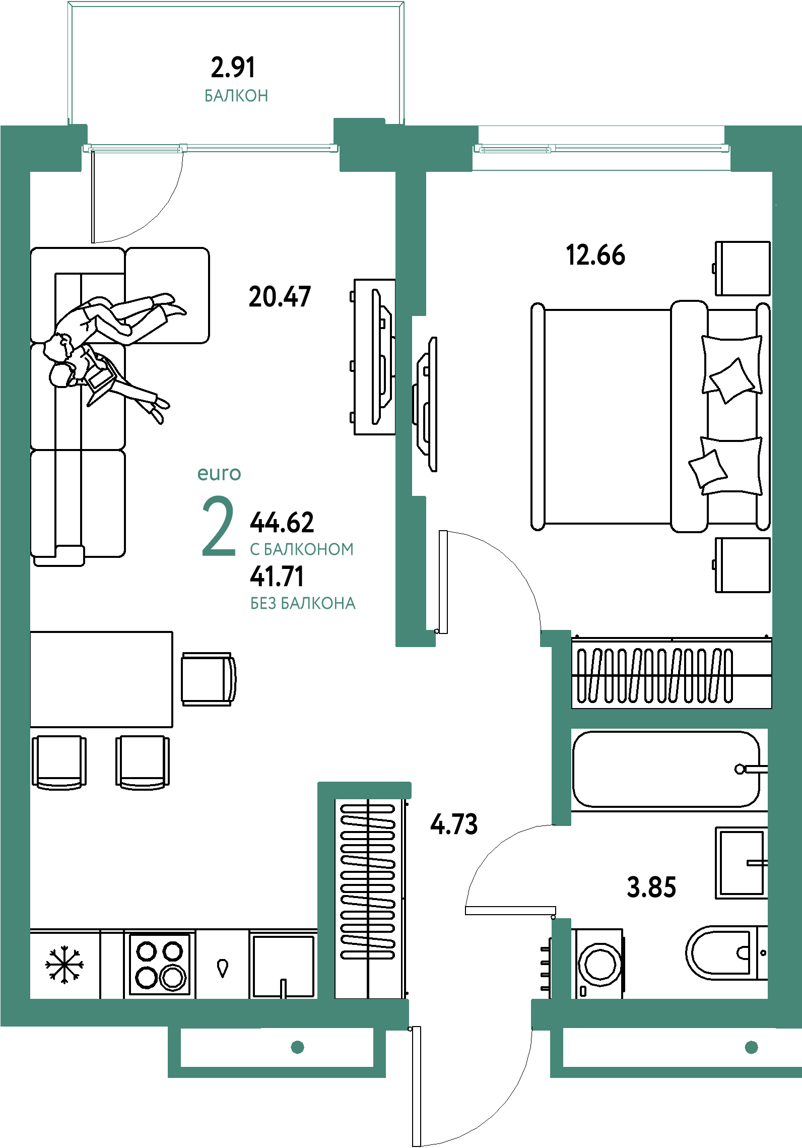 ЖК "Страна.Береговая"-2-комнатная 44.62 м²