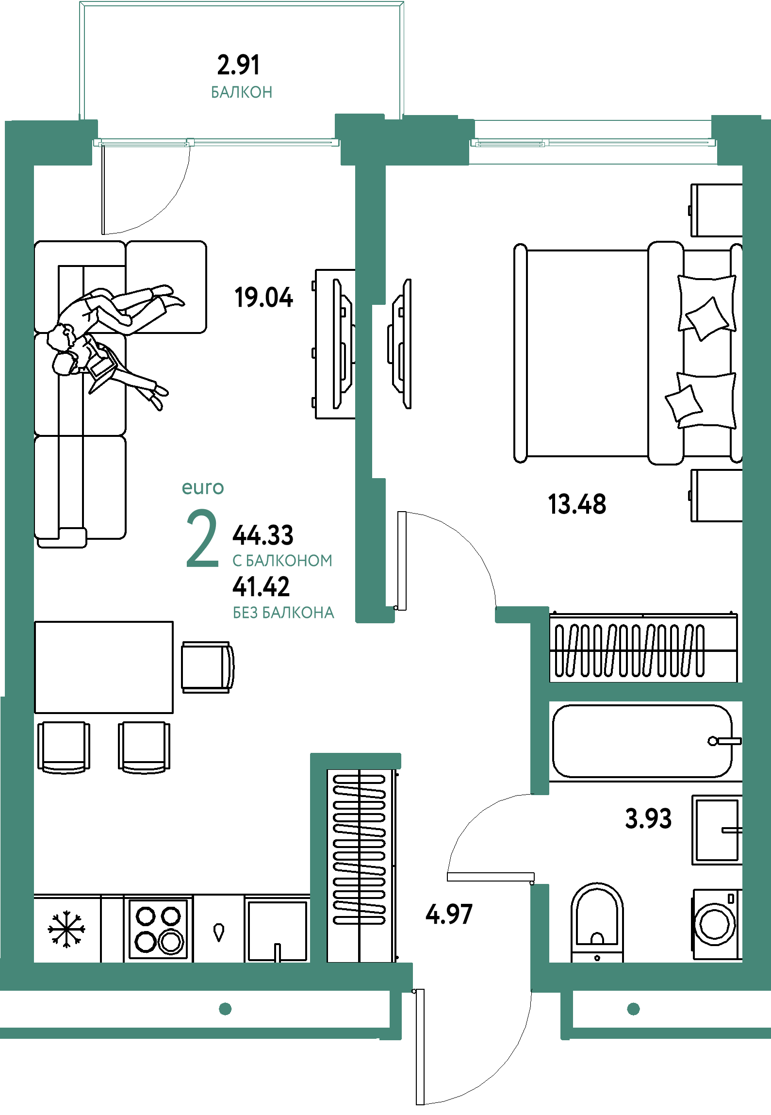 ЖК "Страна.Береговая"-2-комнатная 44.33 м²