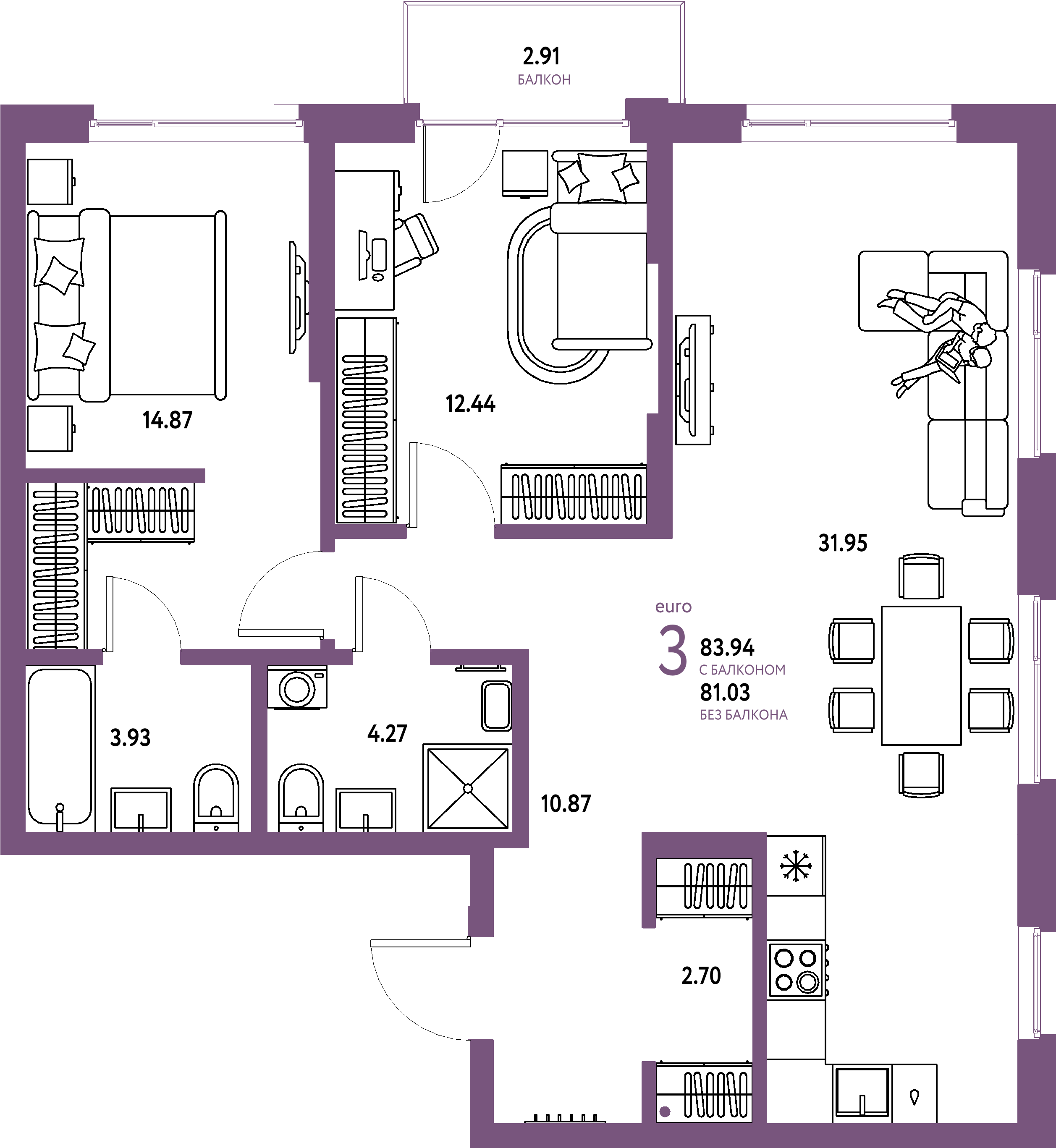 Купить 3-комнатную квартиру 83.94м², этаж №8 кв №54 в ЖК  