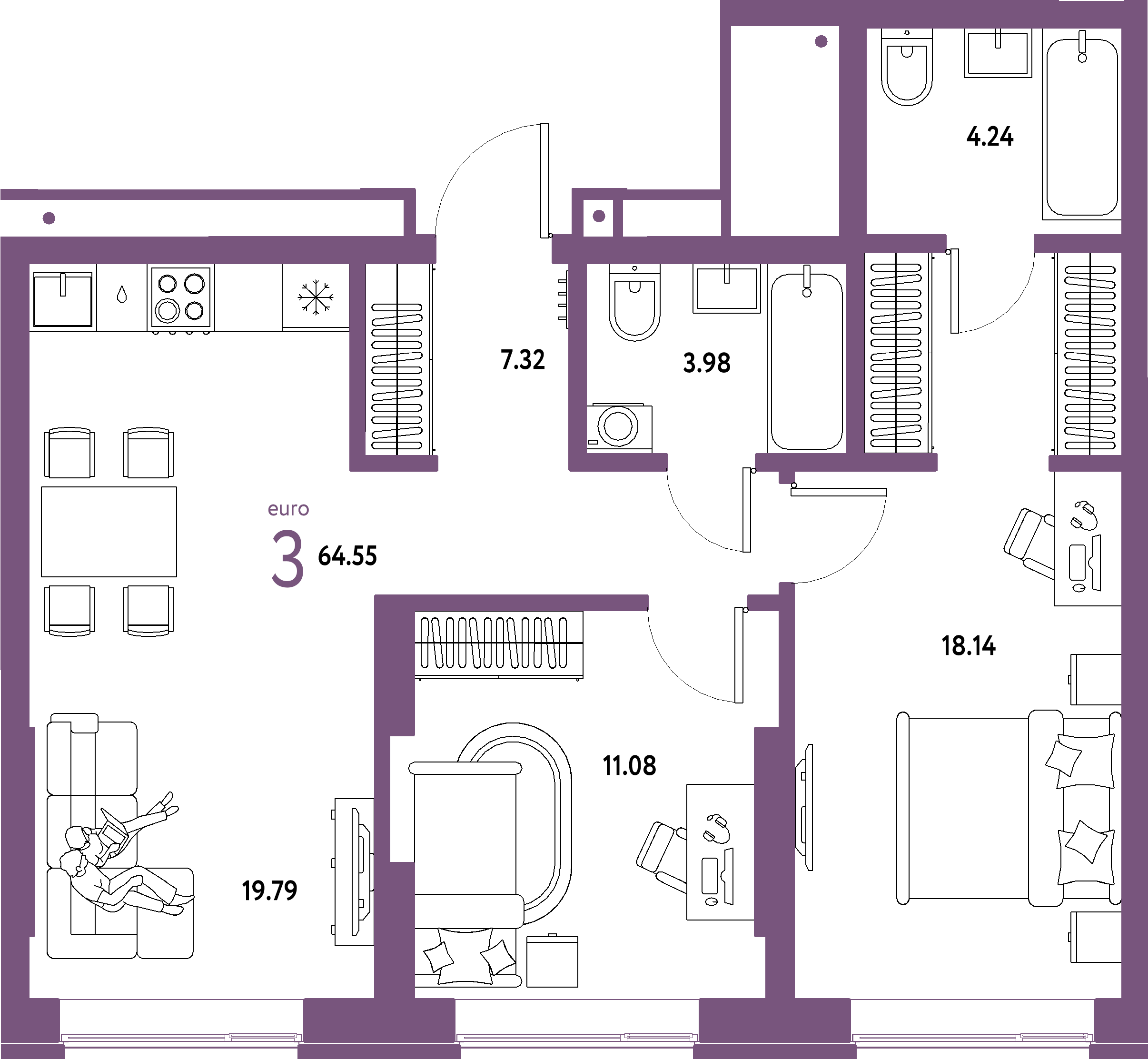 Купить 3-комнатную квартиру 64.55м², этаж №2 кв №65 в ЖК  