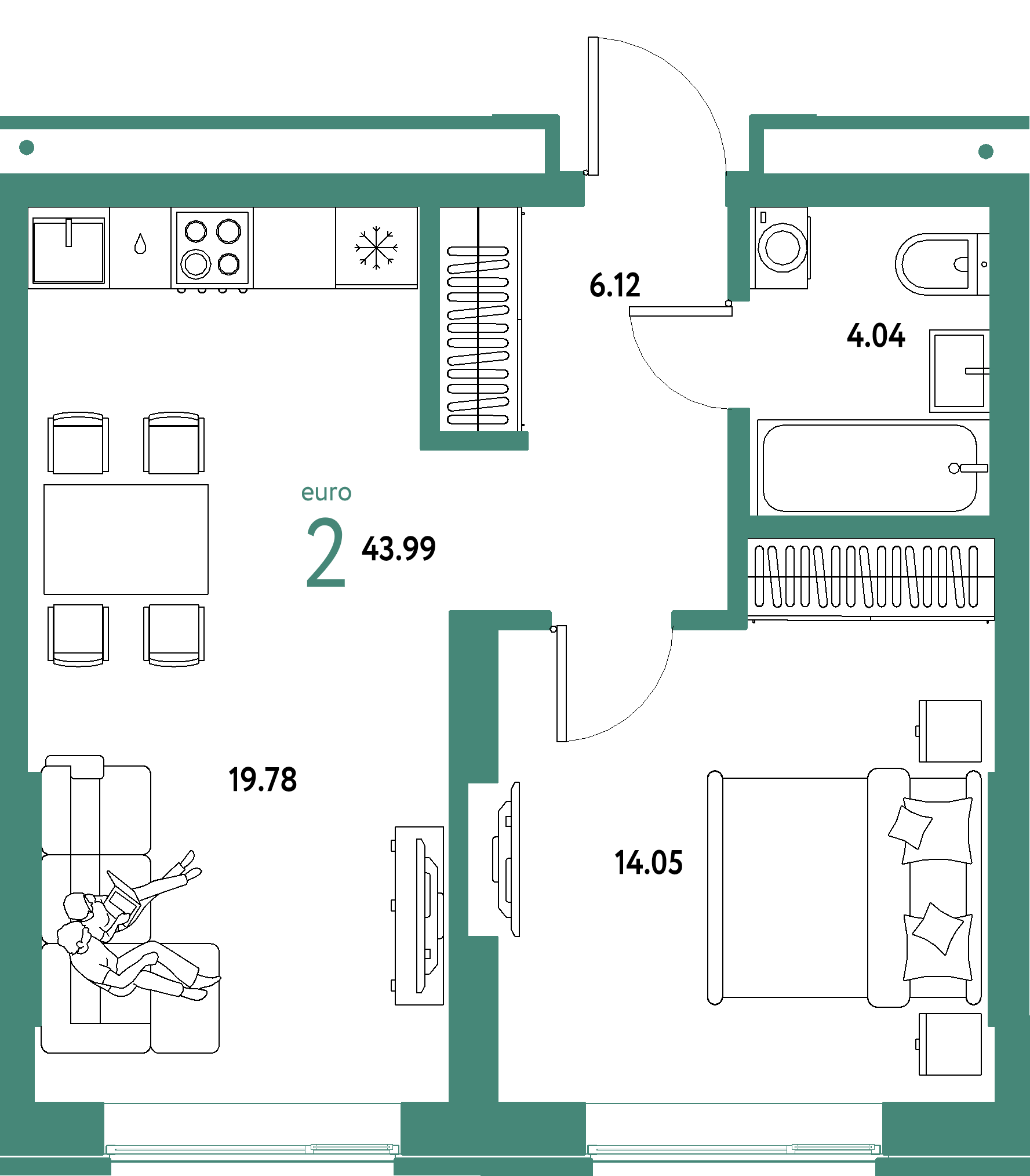 ЖК "Страна.Береговая"-2-комнатная 43.99 м²