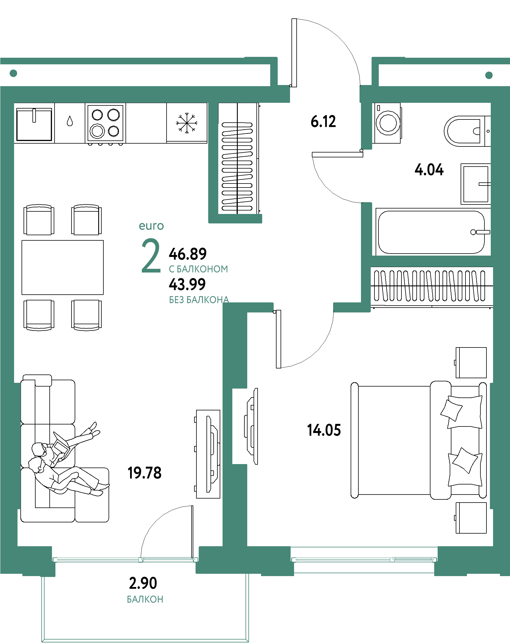 ЖК "Страна.Береговая"-2-комнатная 46.89 м²