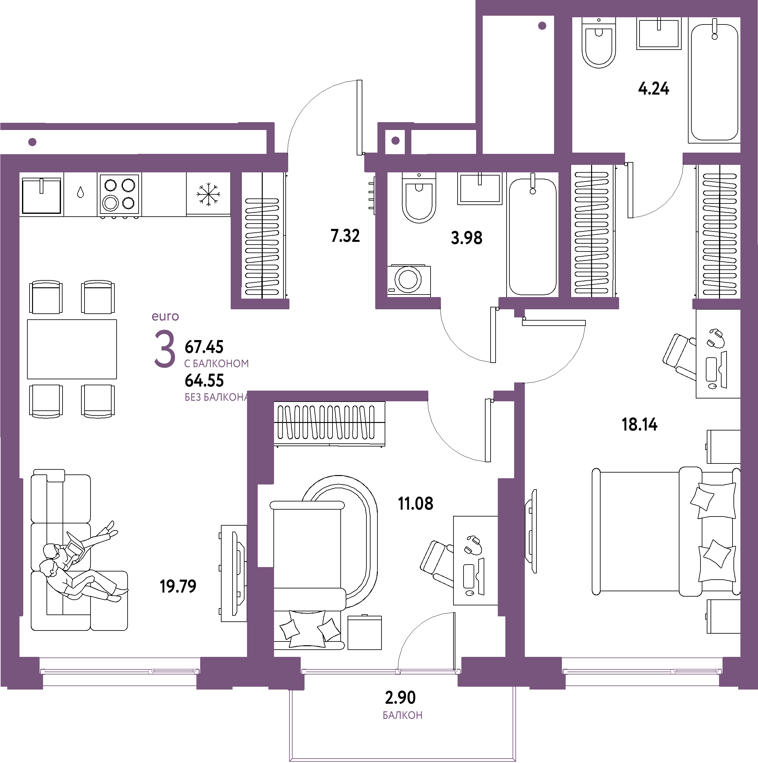 ЖК "Страна.Береговая"-3-комнатная 67.45 м²