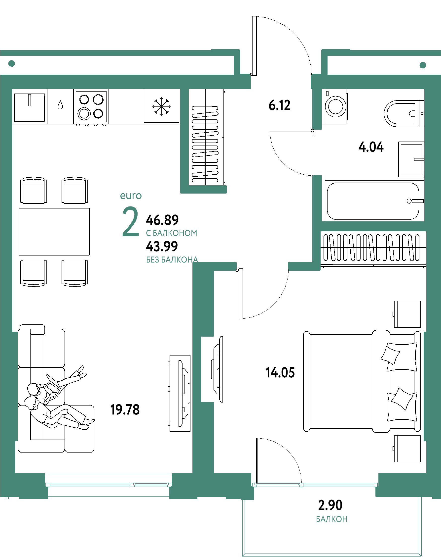 ЖК "Страна.Береговая"-2-комнатная 46.89 м²