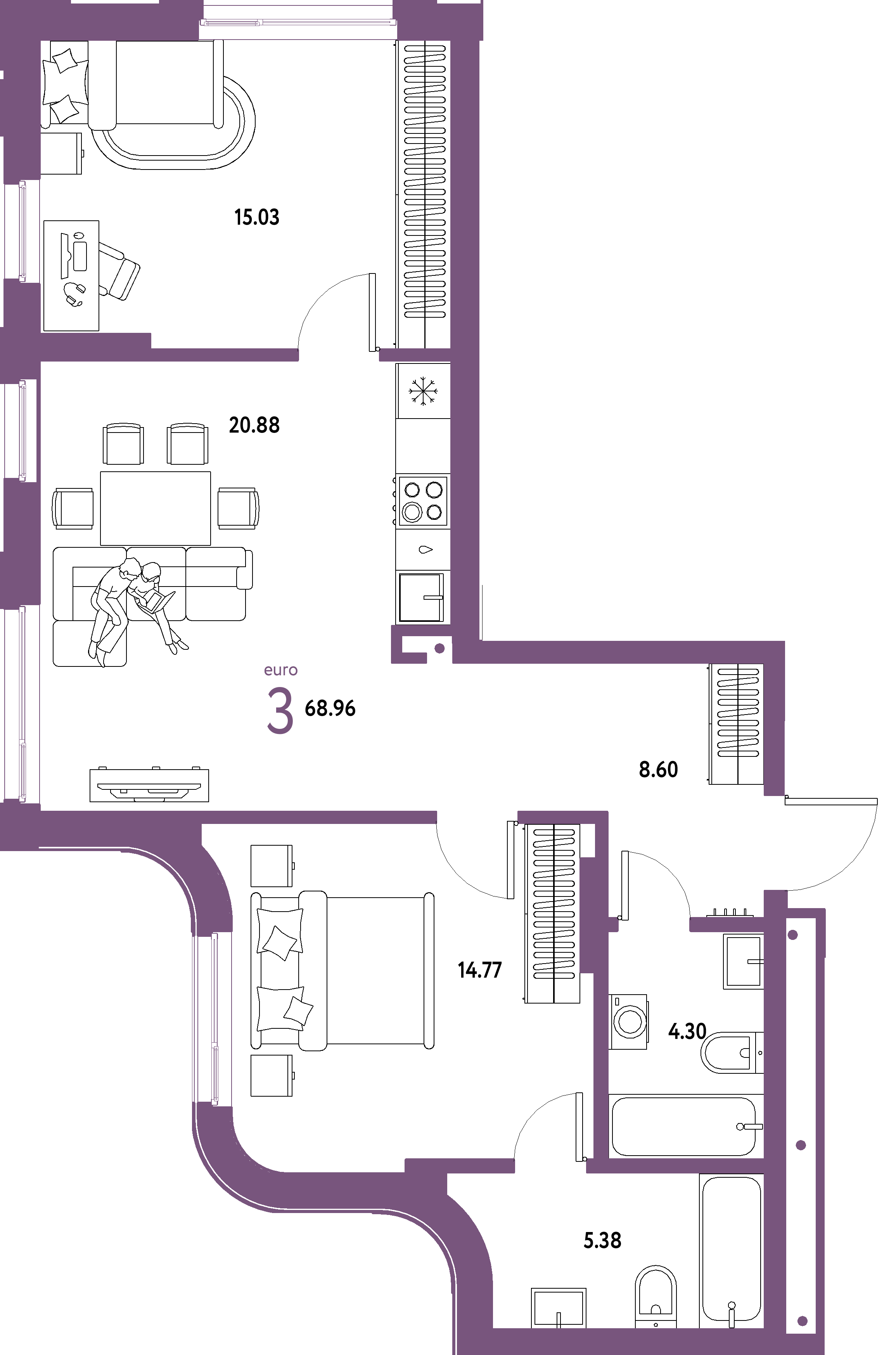 ЖК "Страна.Береговая"-3-комнатная 68.96 м²
