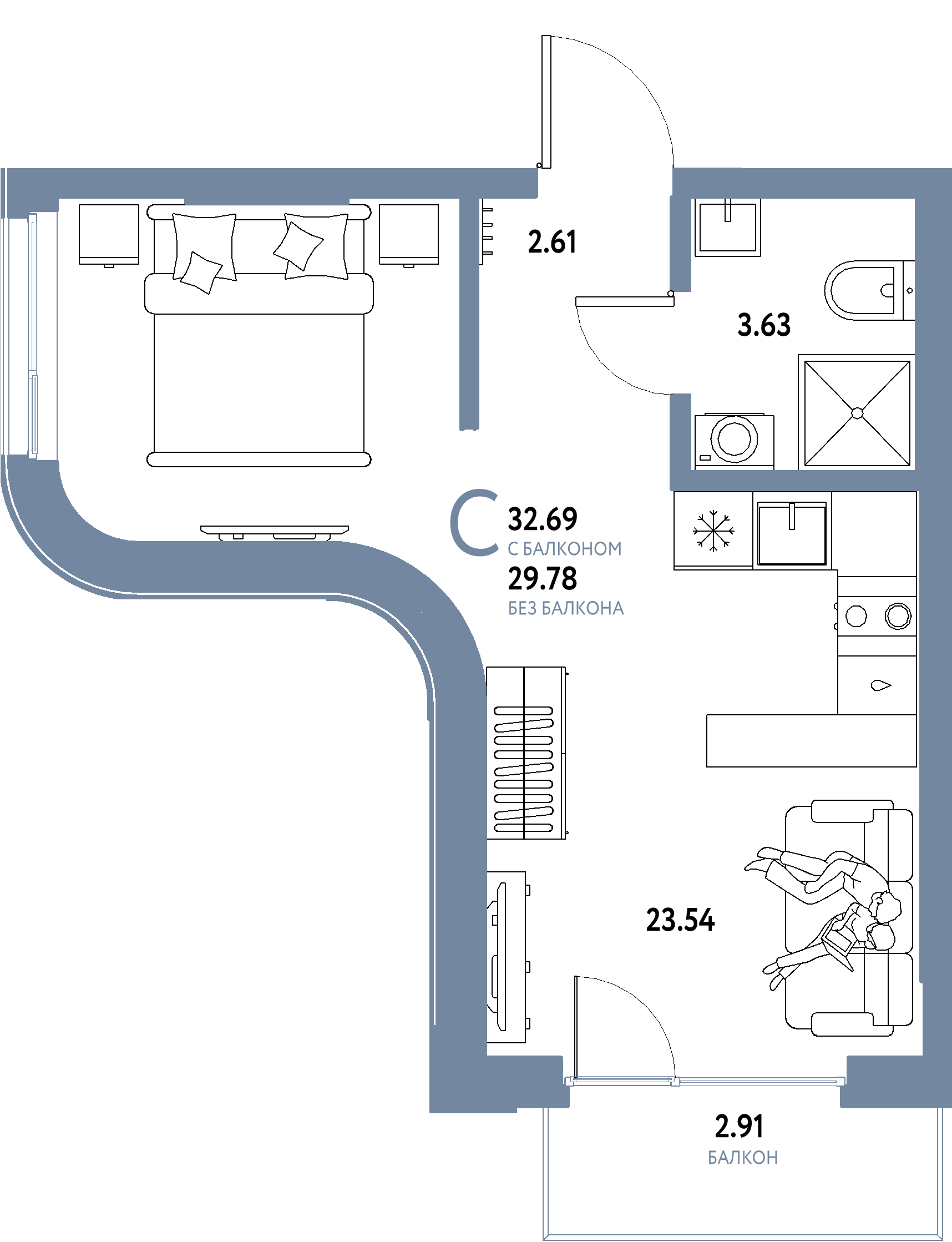 ЖК "Страна.Береговая"-Студия 32.69 м²