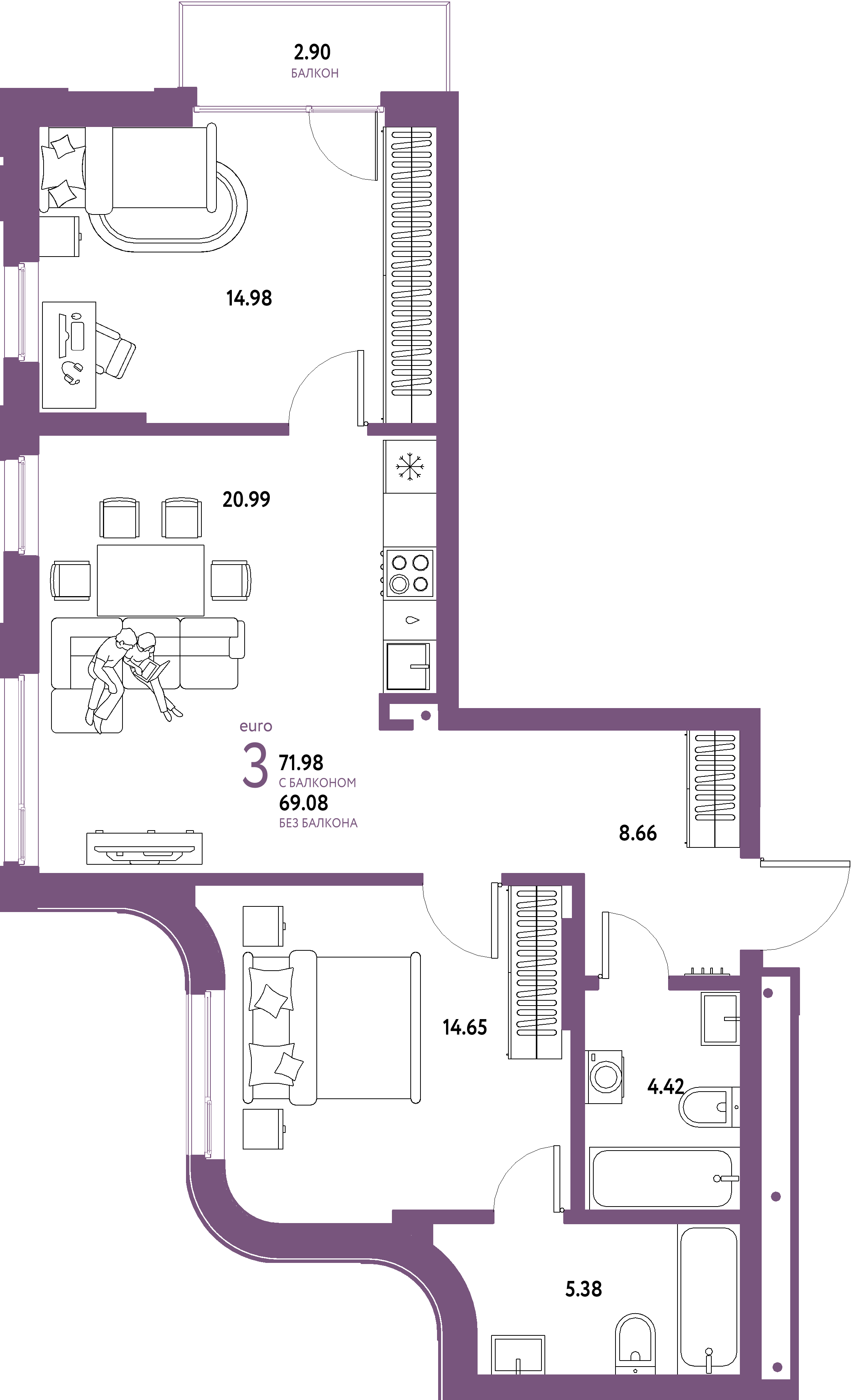 ЖК "Страна.Береговая"-3-комнатная 71.98 м²