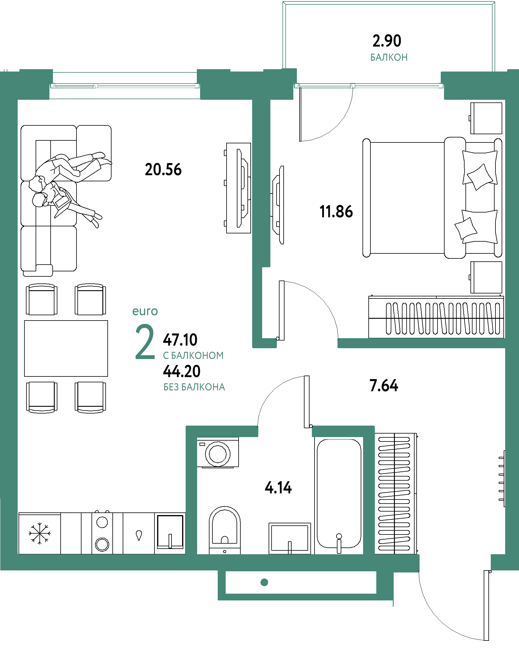 ЖК "Страна.Береговая"-2-комнатная 47.1 м²