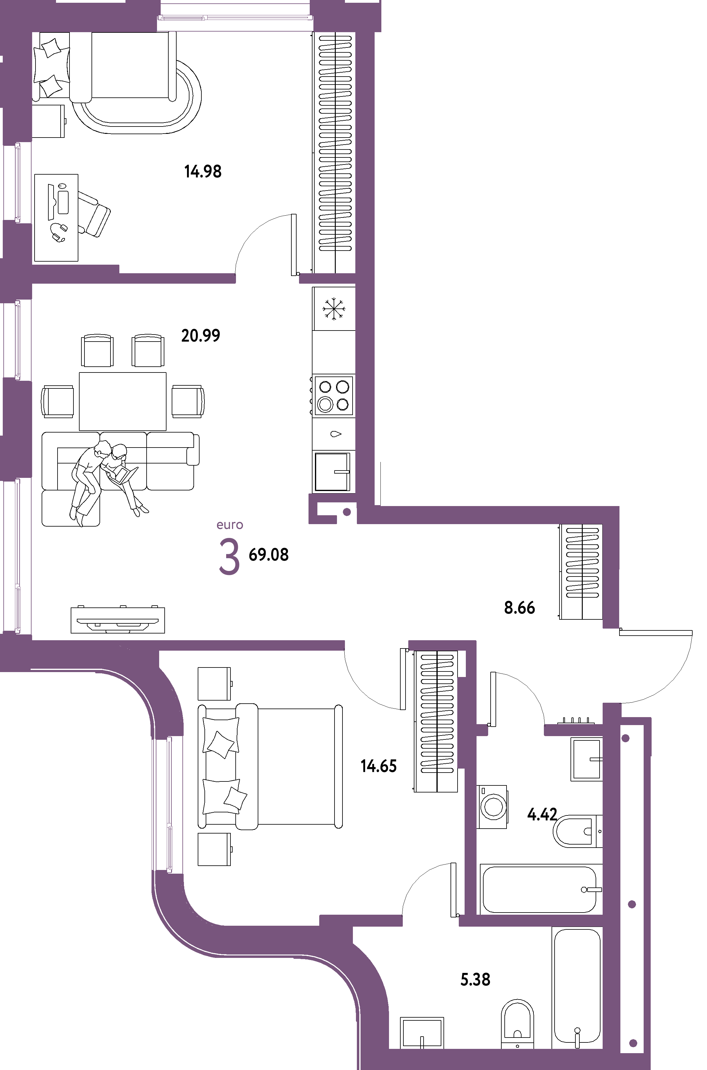 ЖК "Страна.Береговая"-3-комнатная 69.08 м²
