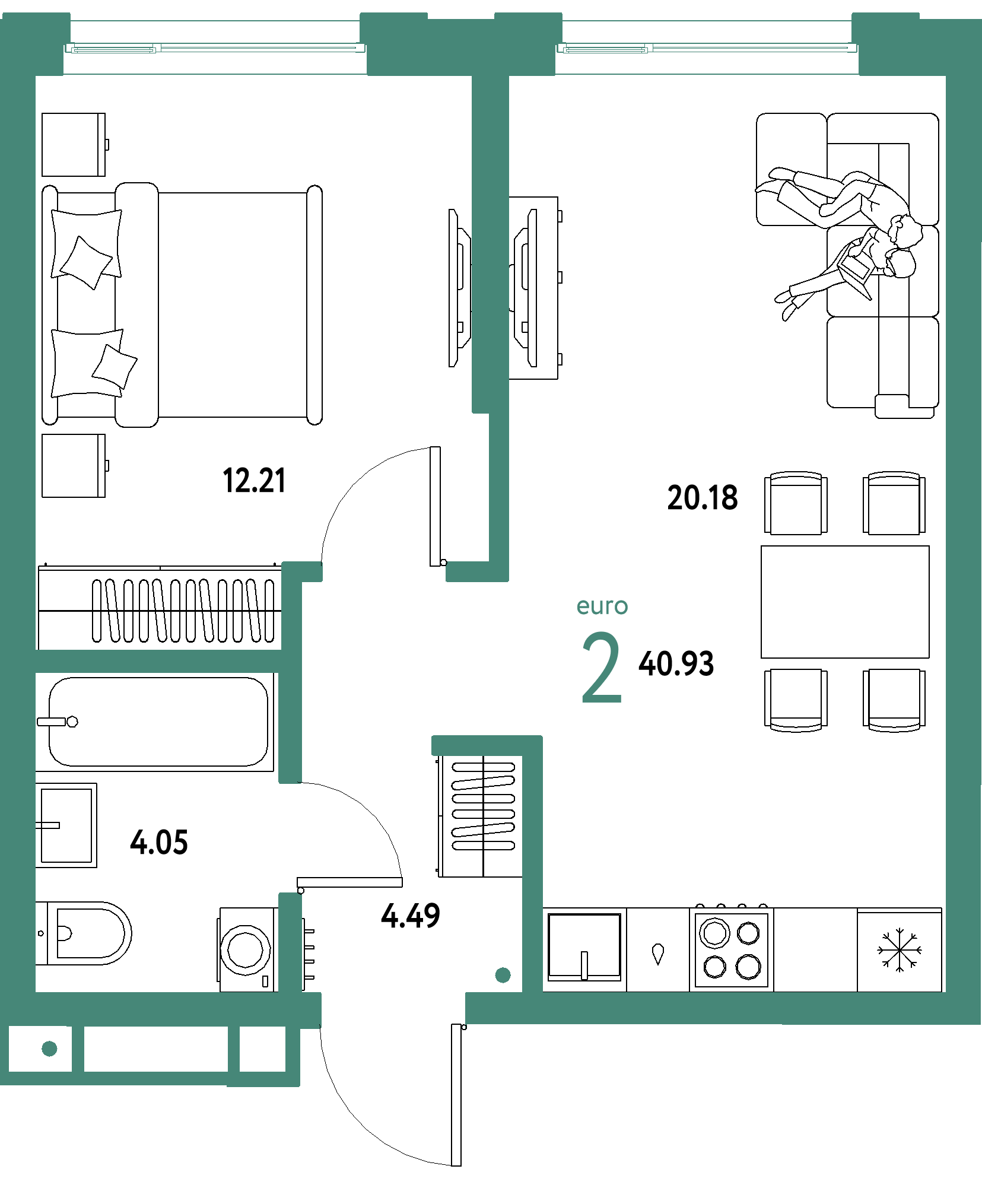 ЖК "Страна.Береговая"-2-комнатная 40.93 м²