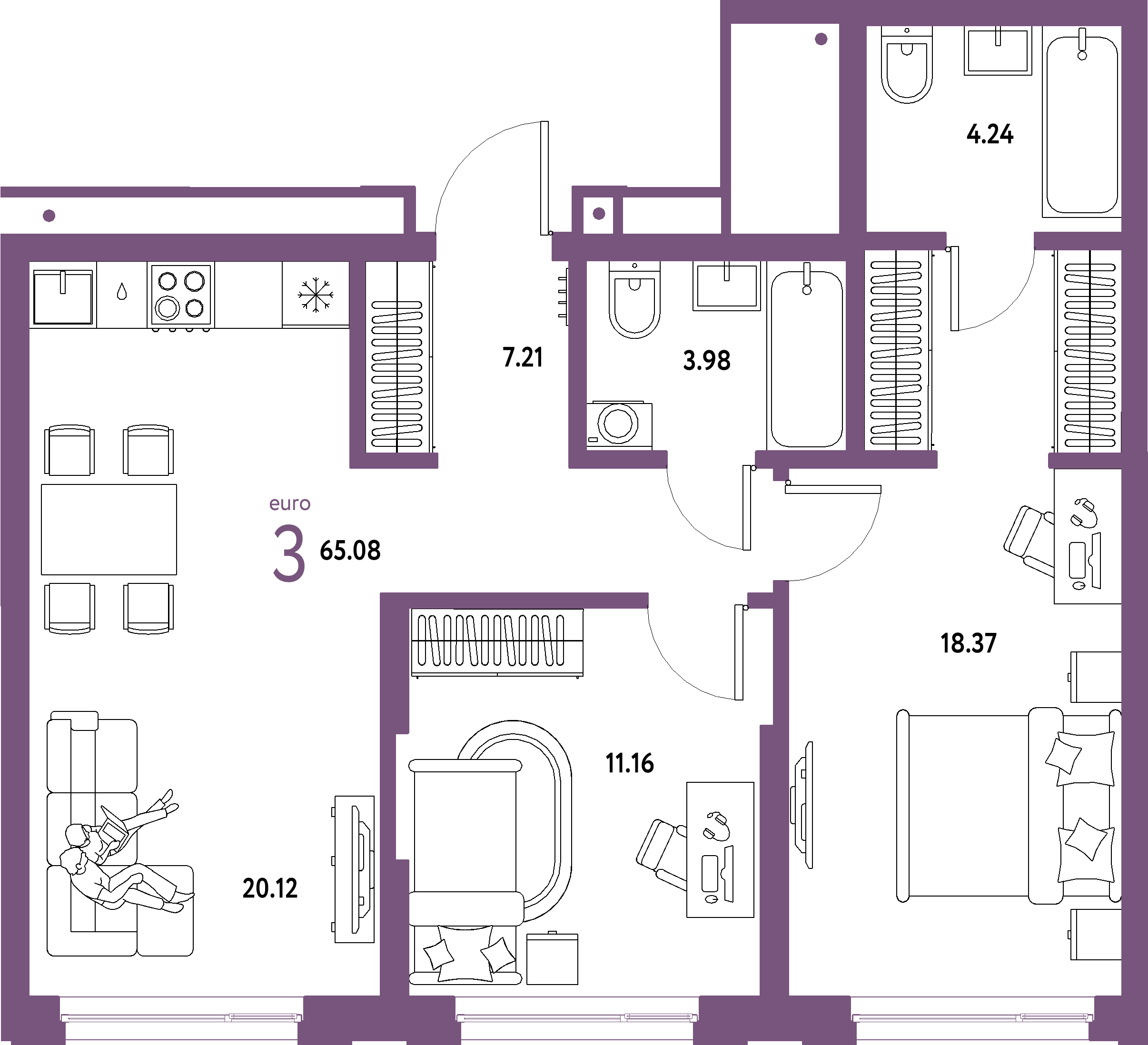 ЖК "Страна.Береговая"-3-комнатная 65.08 м²