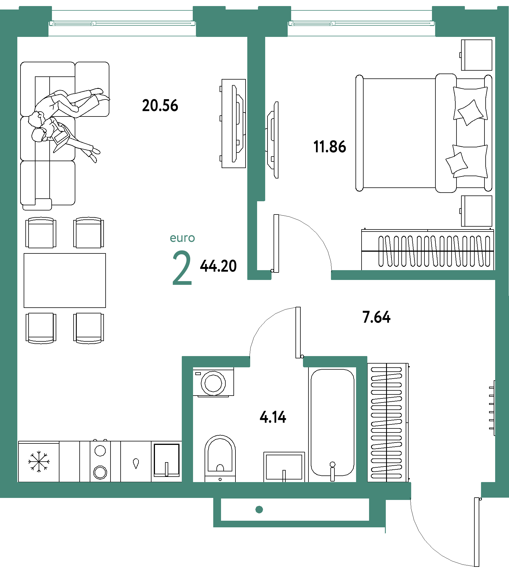 ЖК "Страна.Береговая"-2-комнатная 44.2 м²