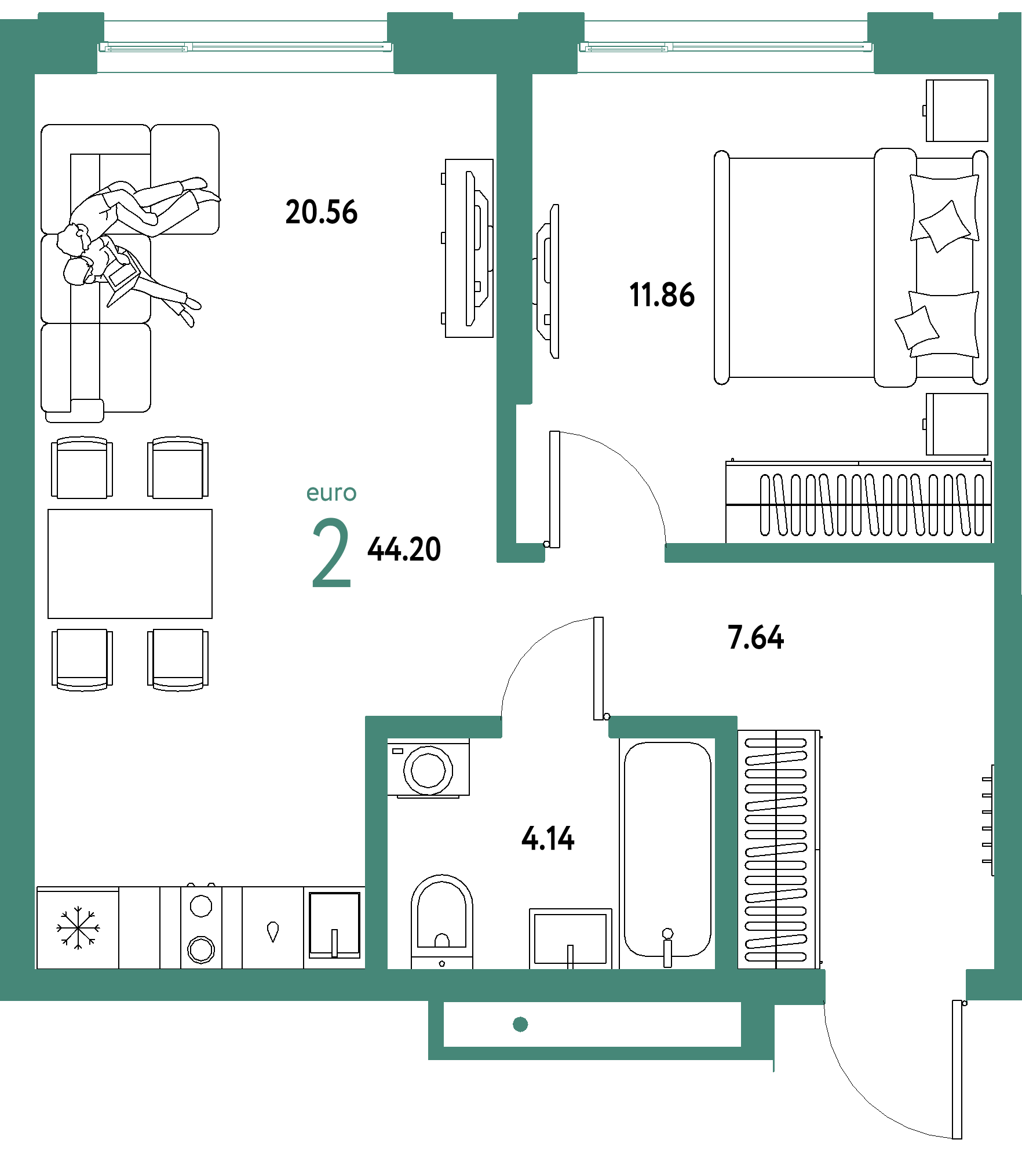 ЖК "Страна.Береговая"-2-комнатная 44.2 м²