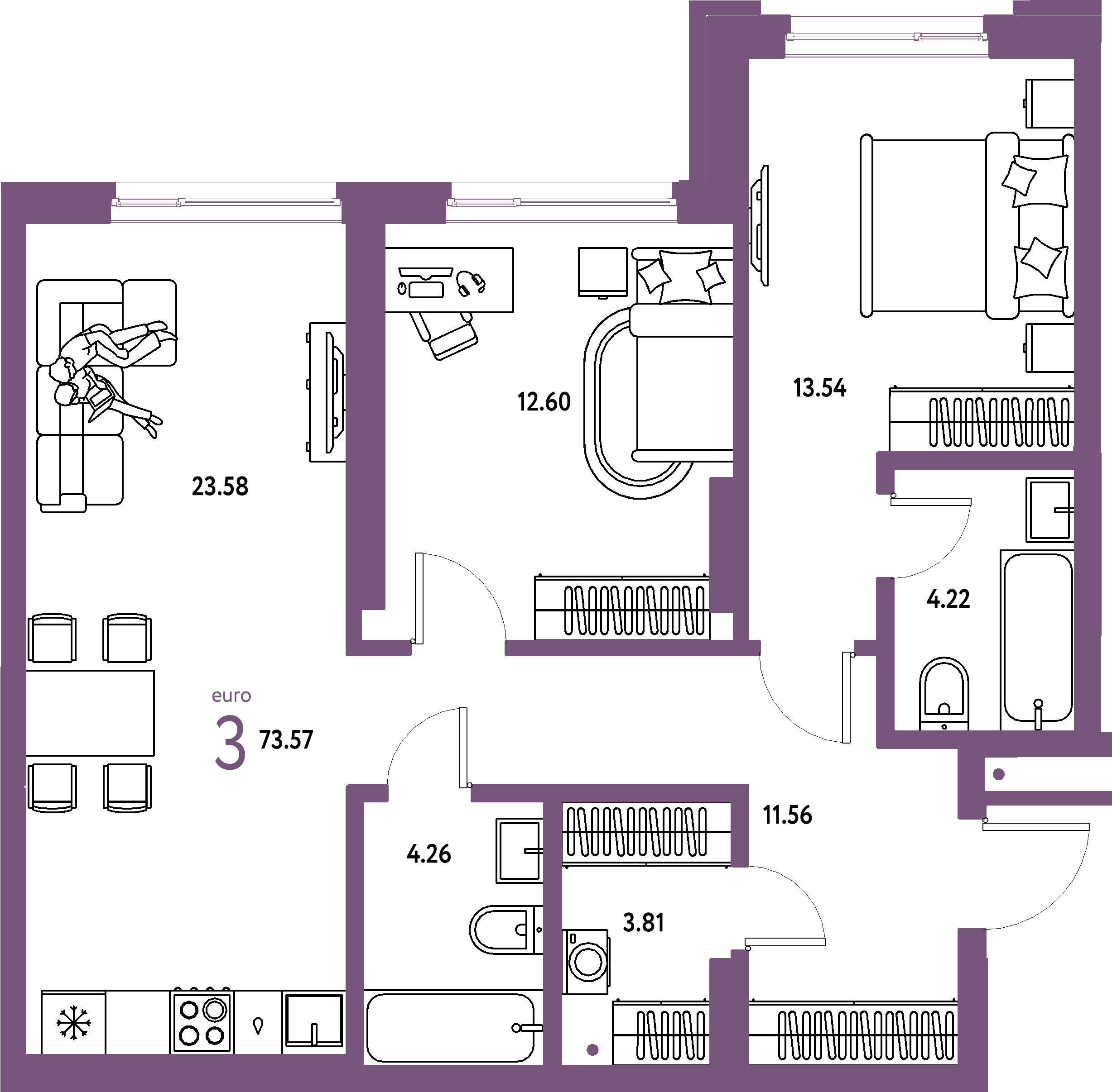 ЖК "Страна.Береговая"-3-комнатная 73.57 м²