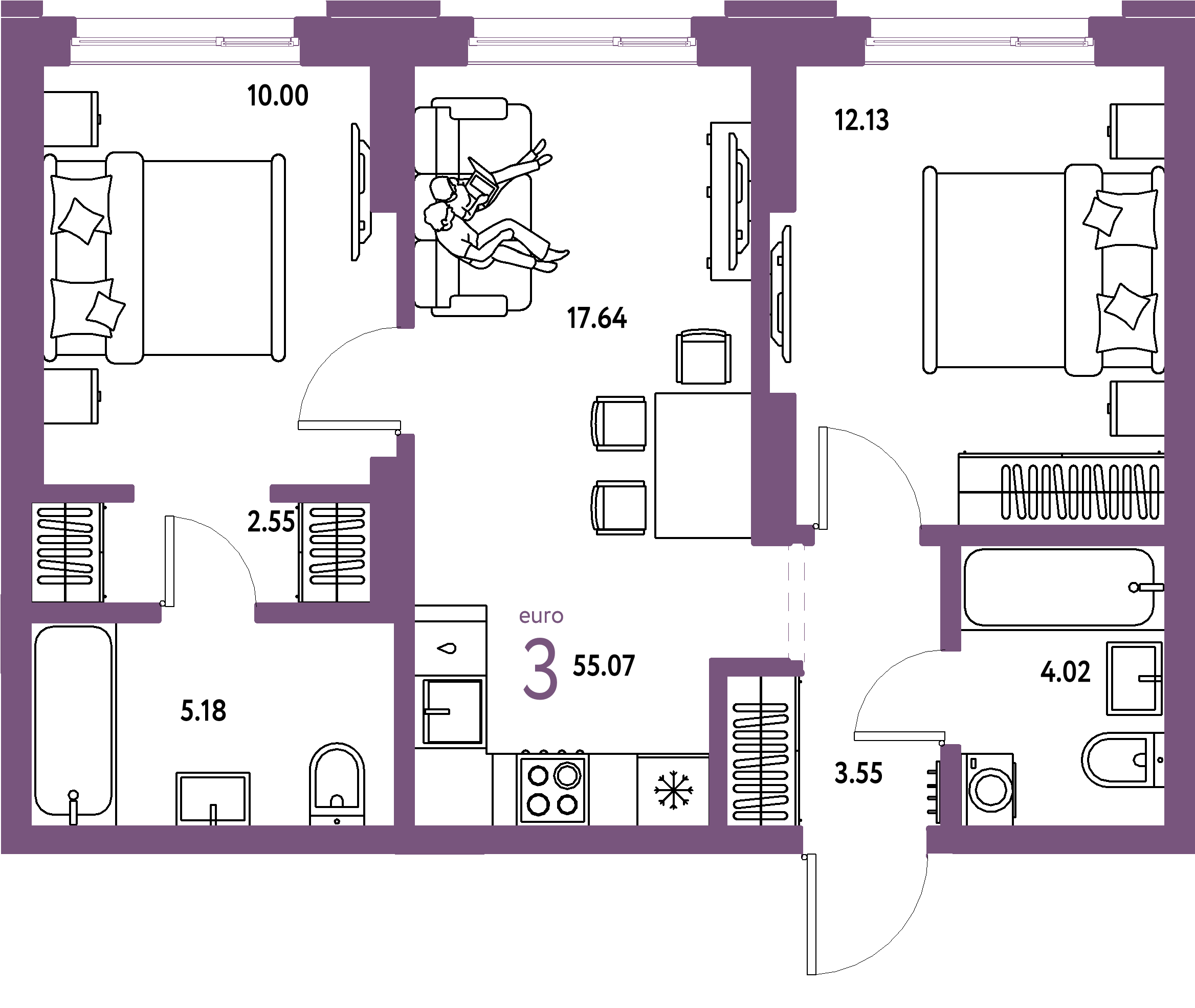 ЖК "Страна.Береговая"-3-комнатная 55.07 м²