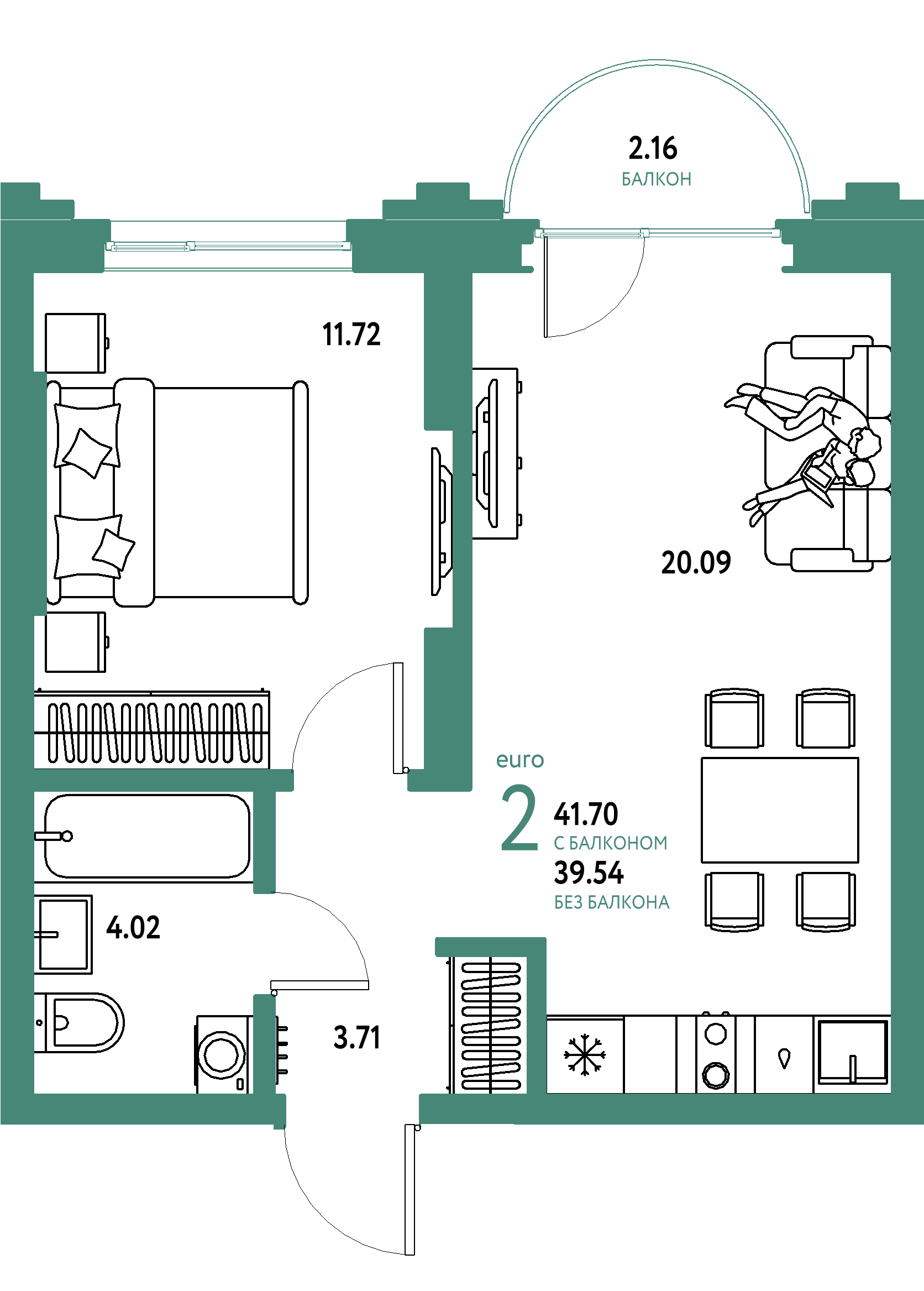 ЖК "Страна.Береговая"-2-комнатная 41.7 м²