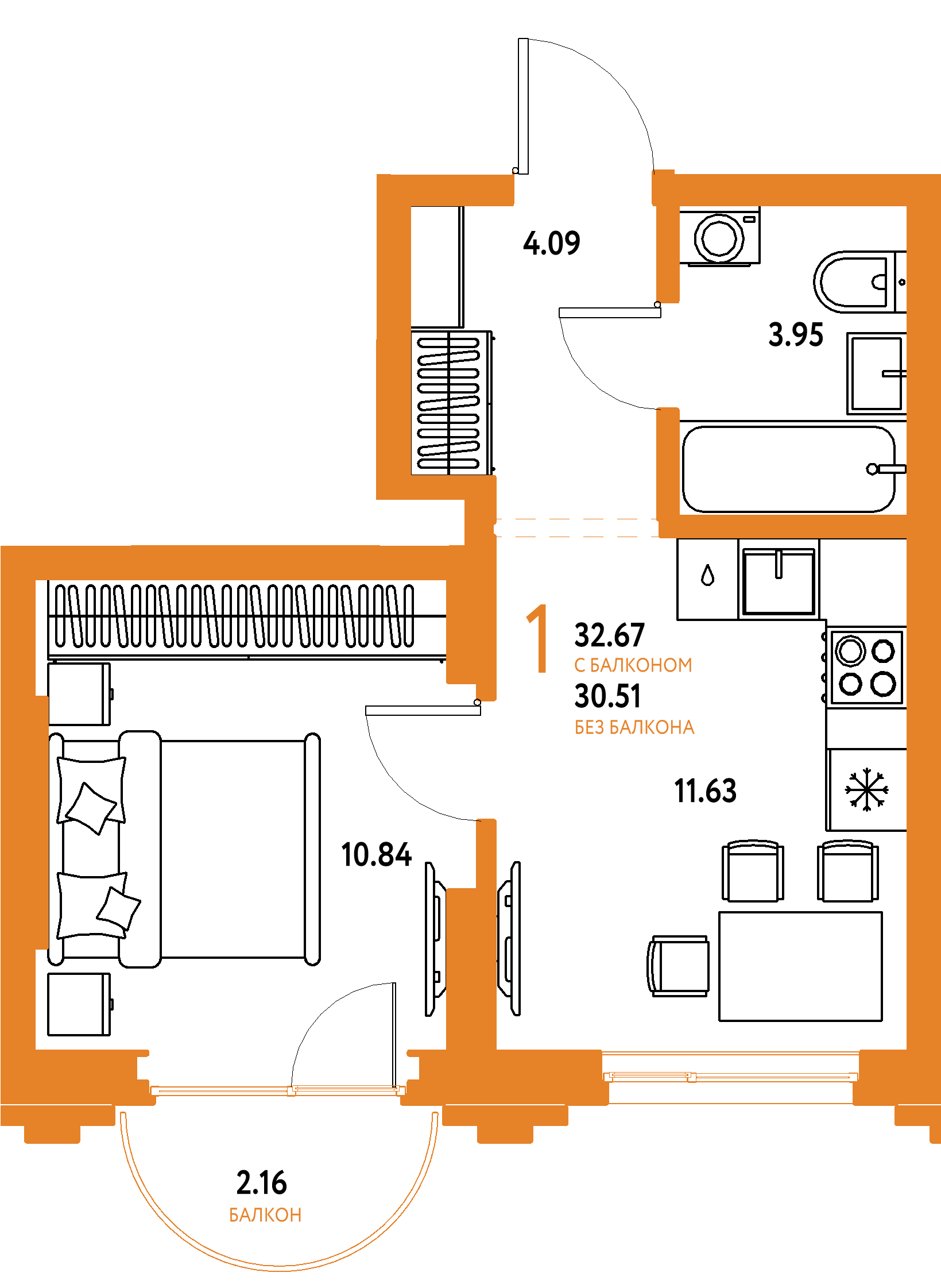 ЖК "Страна.Береговая"-1-комнатная 32.67 м²