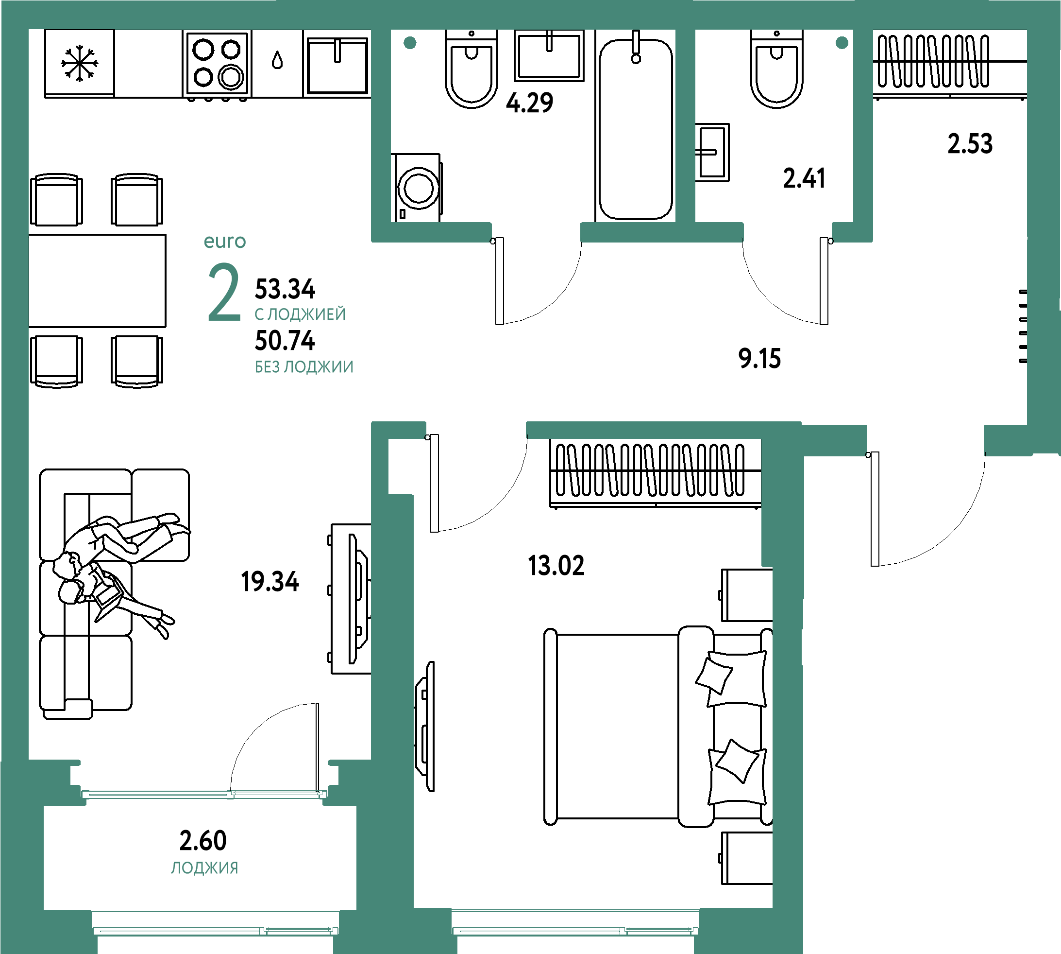 ЖК "Страна.Береговая"-2-комнатная 53.34 м²