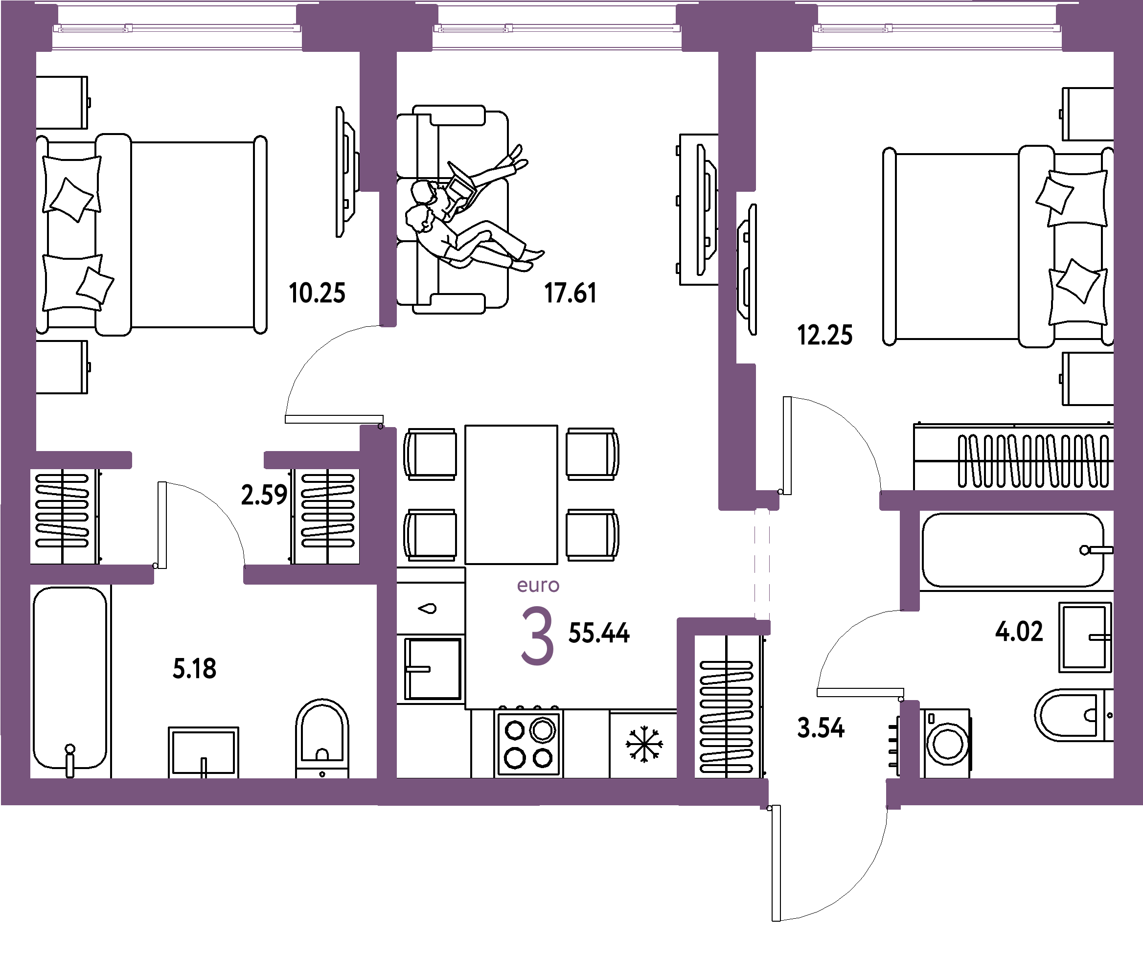 ЖК "Страна.Береговая"-3-комнатная 55.44 м²