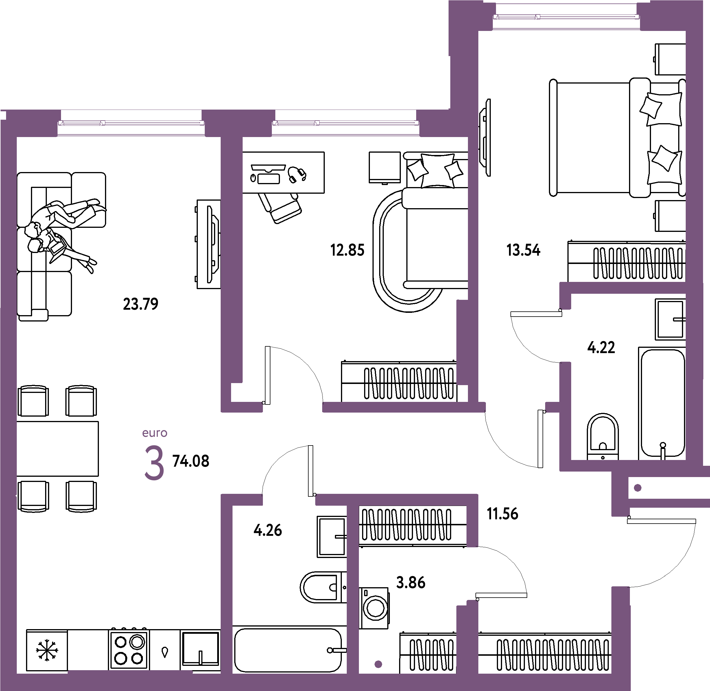 ЖК "Страна.Береговая"-3-комнатная 74.08 м²