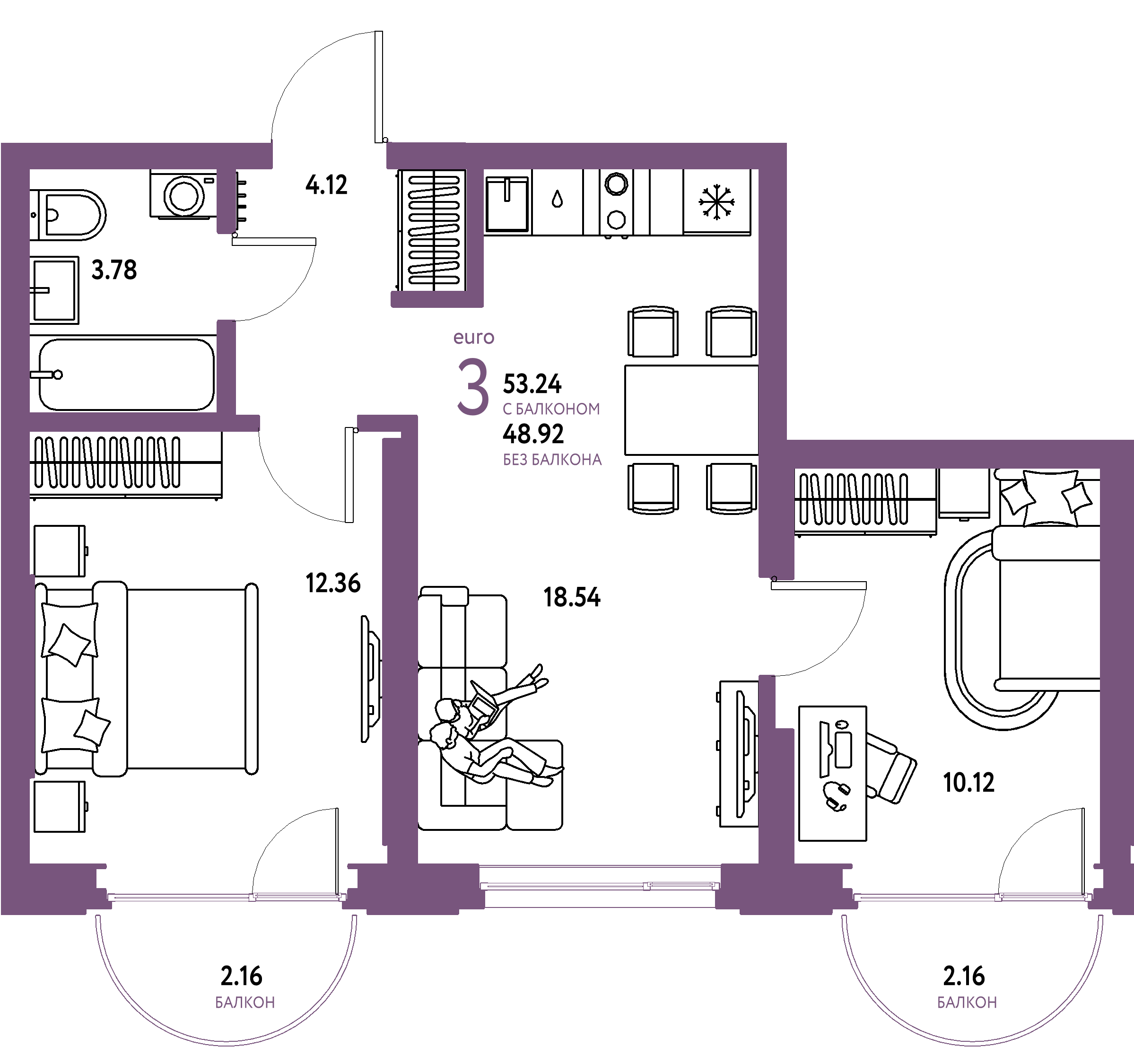 ЖК "Страна.Береговая"-3-комнатная 53.24 м²