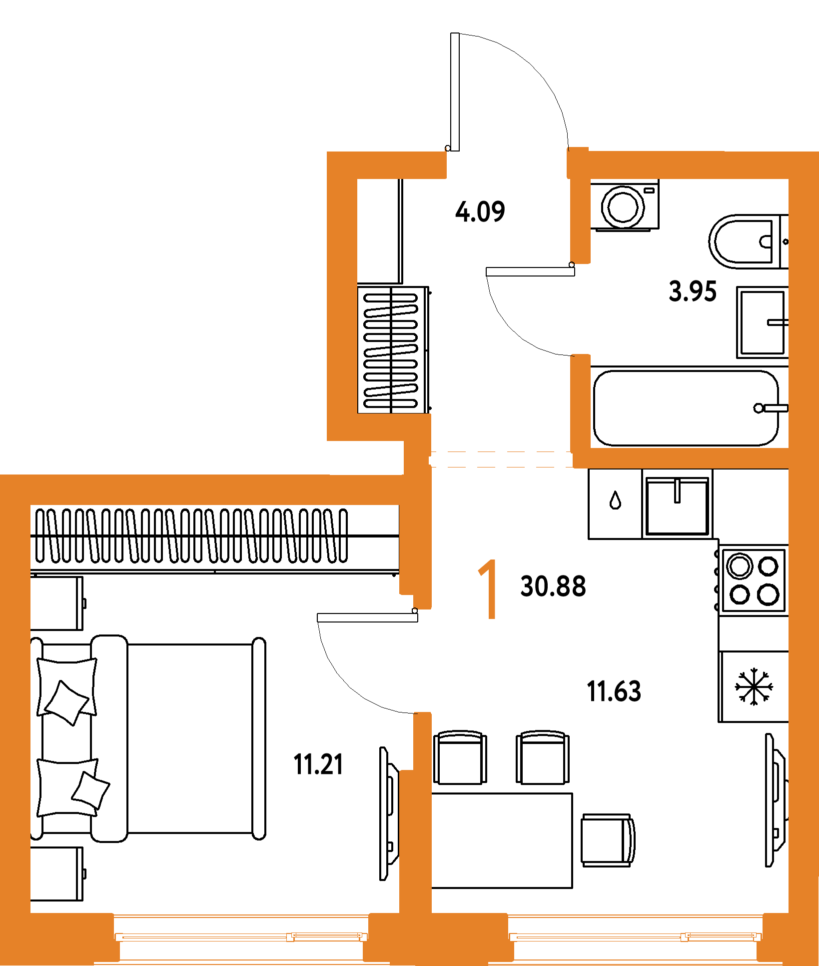 ЖК "Страна.Береговая"-1-комнатная 30.88 м²