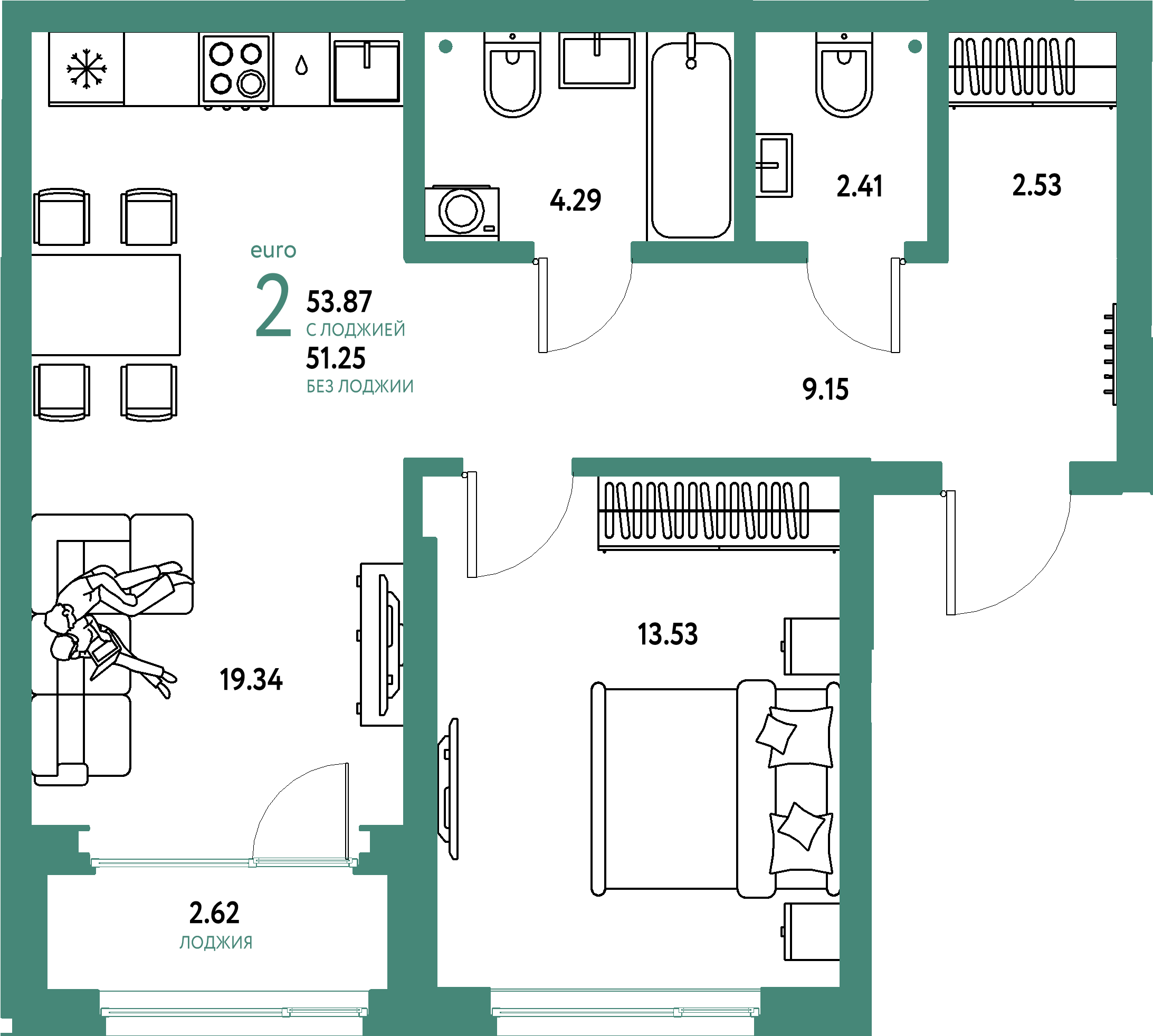 ЖК "Страна.Береговая"-2-комнатная 53.87 м²