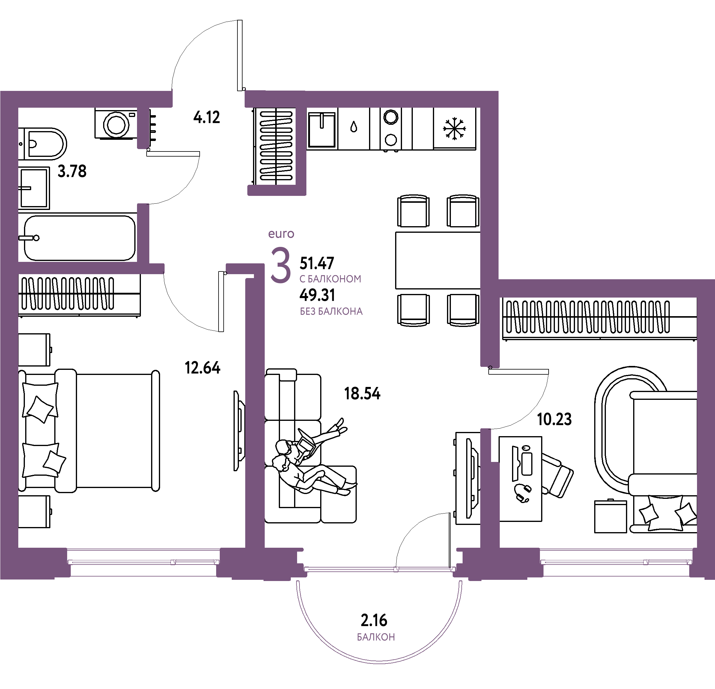 ЖК "Страна.Береговая"-3-комнатная 51.47 м²